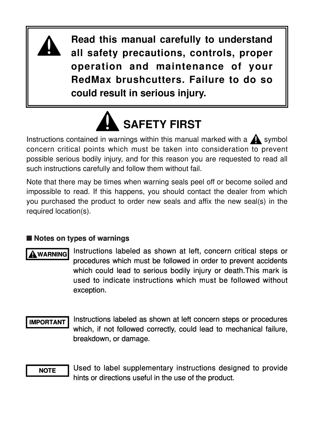 RedMax BC3400DL, BC4400DW, BC2300DL, BC2600DL manual Safety First, Notes on types of warnings 