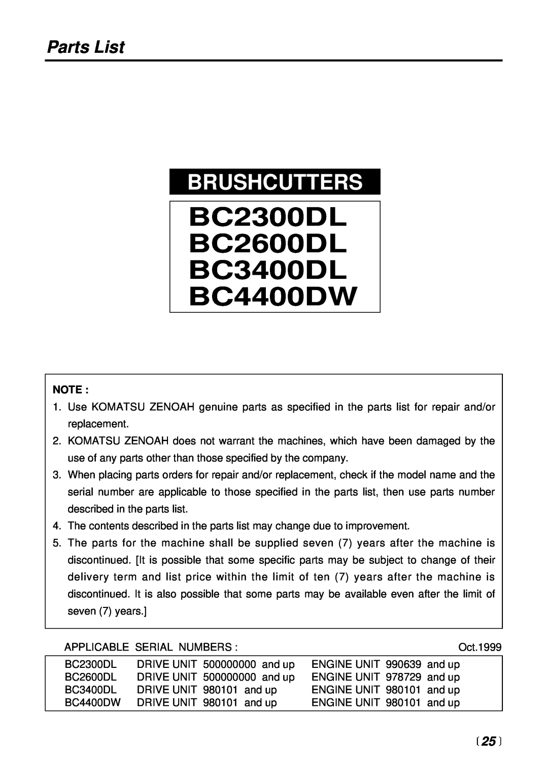 RedMax manual Parts List, 25 , BC2300DL BC2600DL BC3400DL BC4400DW, Brushcutters 