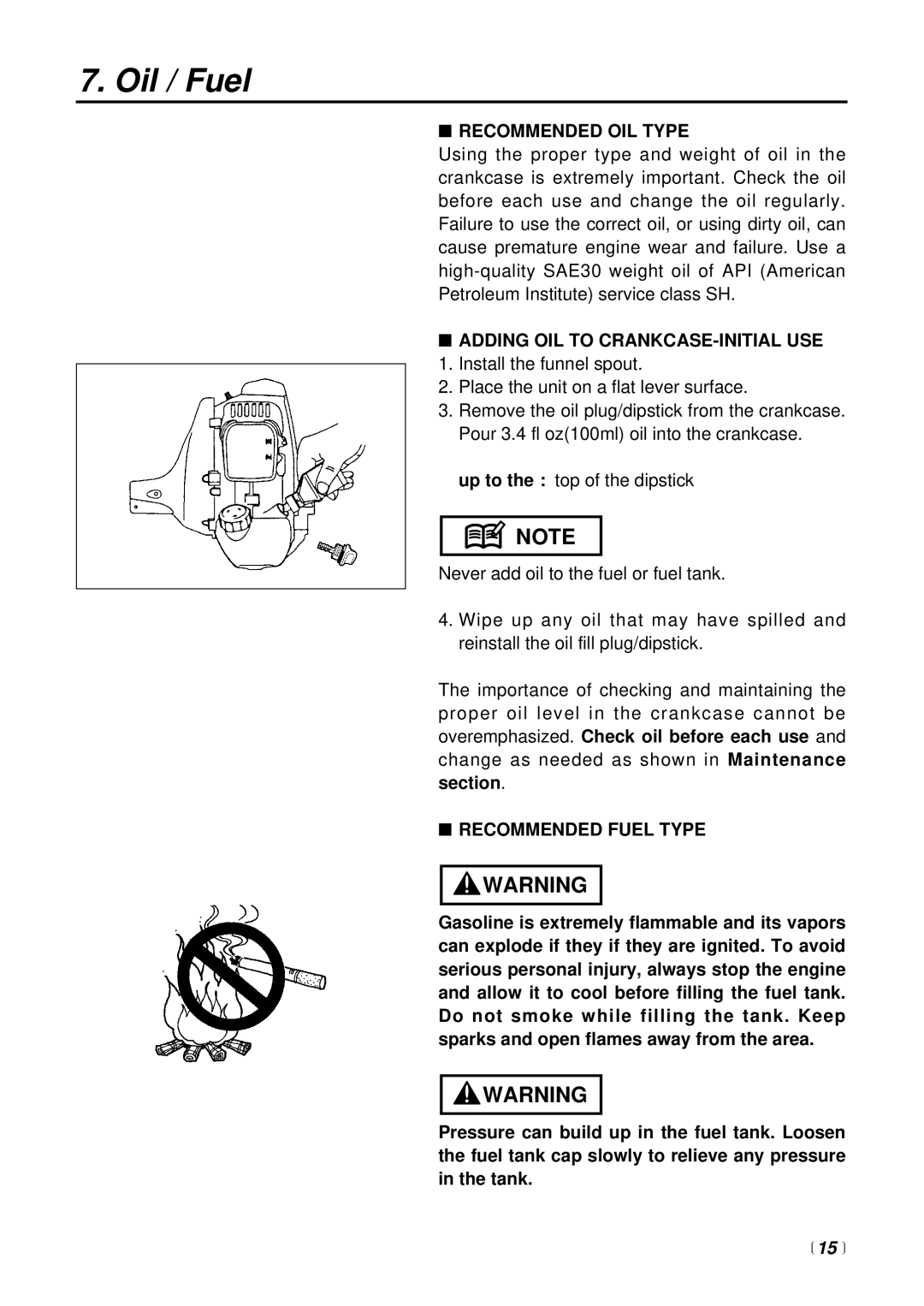 RedMax BCX2600S Oil / Fuel, Recommended OIL Type, Adding OIL to CRANKCASE-INITIAL USE, Section, Recommended Fuel Type 