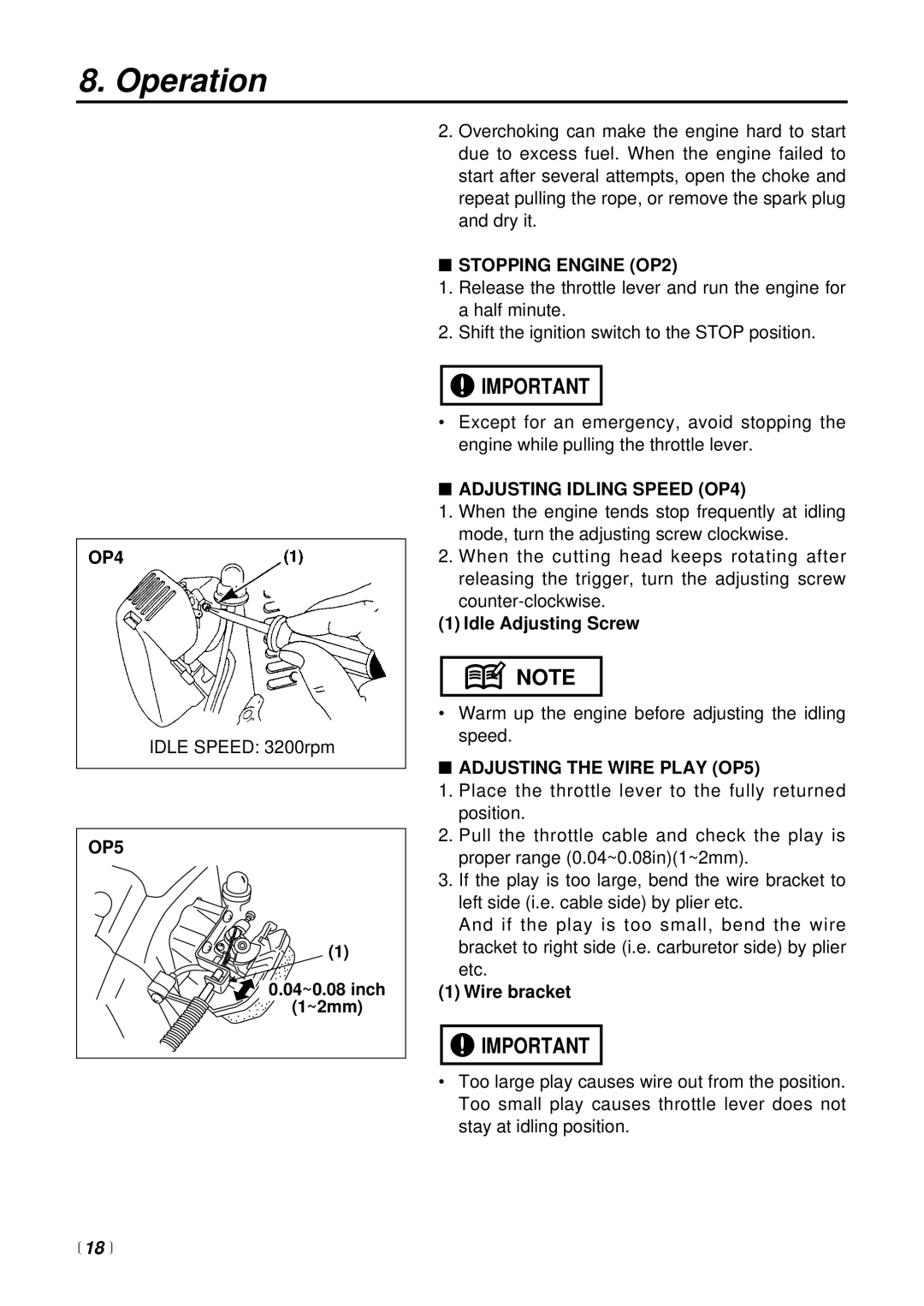 RedMax BCX2600S manual Stopping Engine OP2, Adjusting Idling Speed OP4, Adjusting the Wire Play OP5 