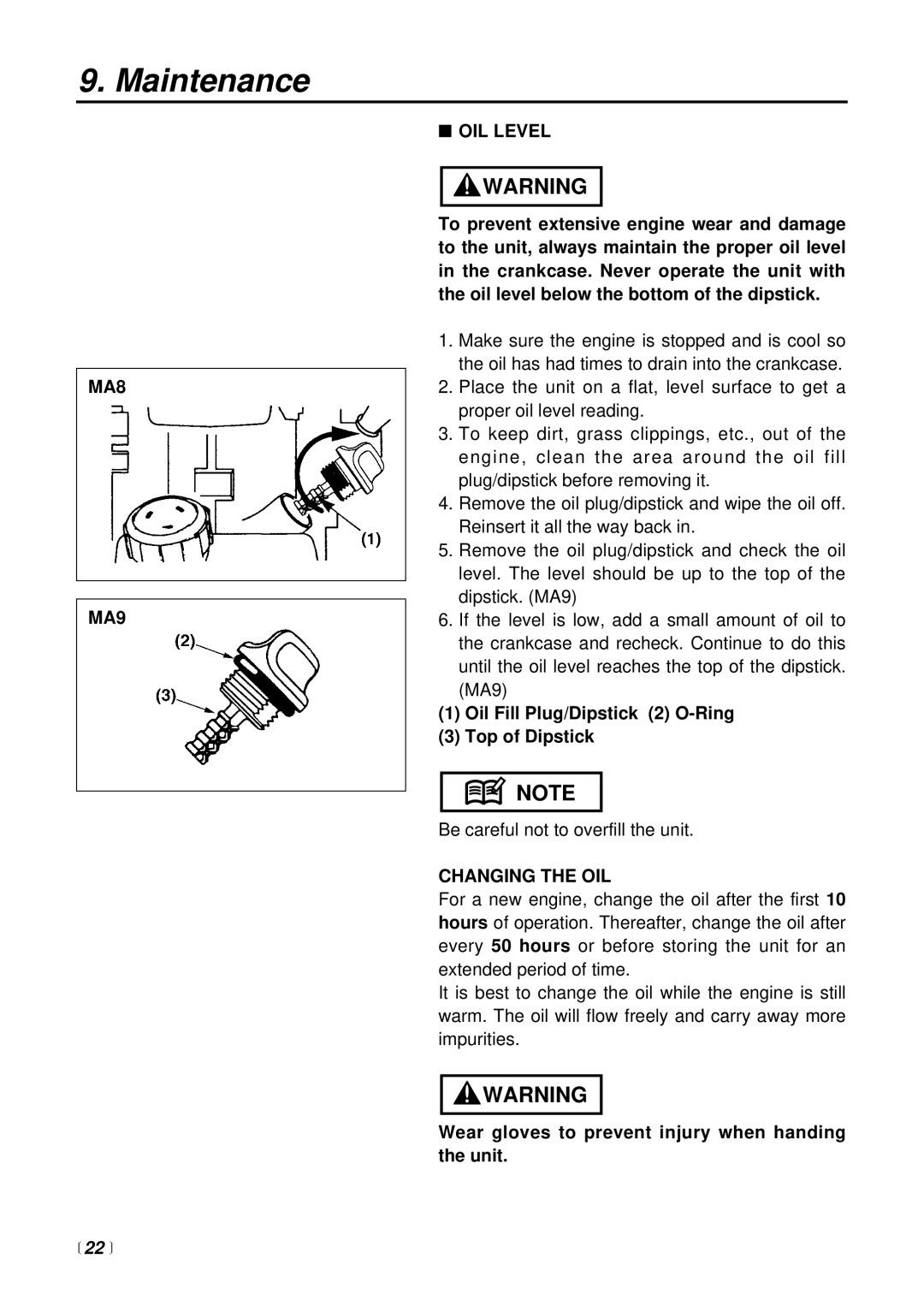 RedMax BCX2600S manual MA8 MA9 OIL Level, Oil Fill Plug/Dipstick 2 O-Ring Top of Dipstick, Changing the OIL 