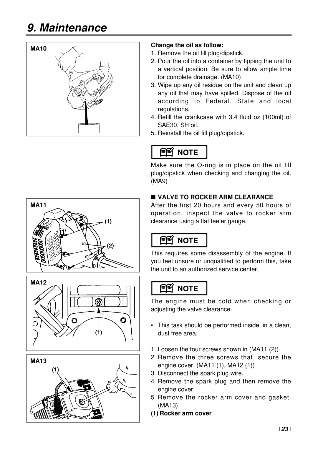 RedMax BCX2600S manual MA10 MA11 MA12 MA13 Change the oil as follow, Valve to Rocker ARM Clearance, Rocker arm cover 