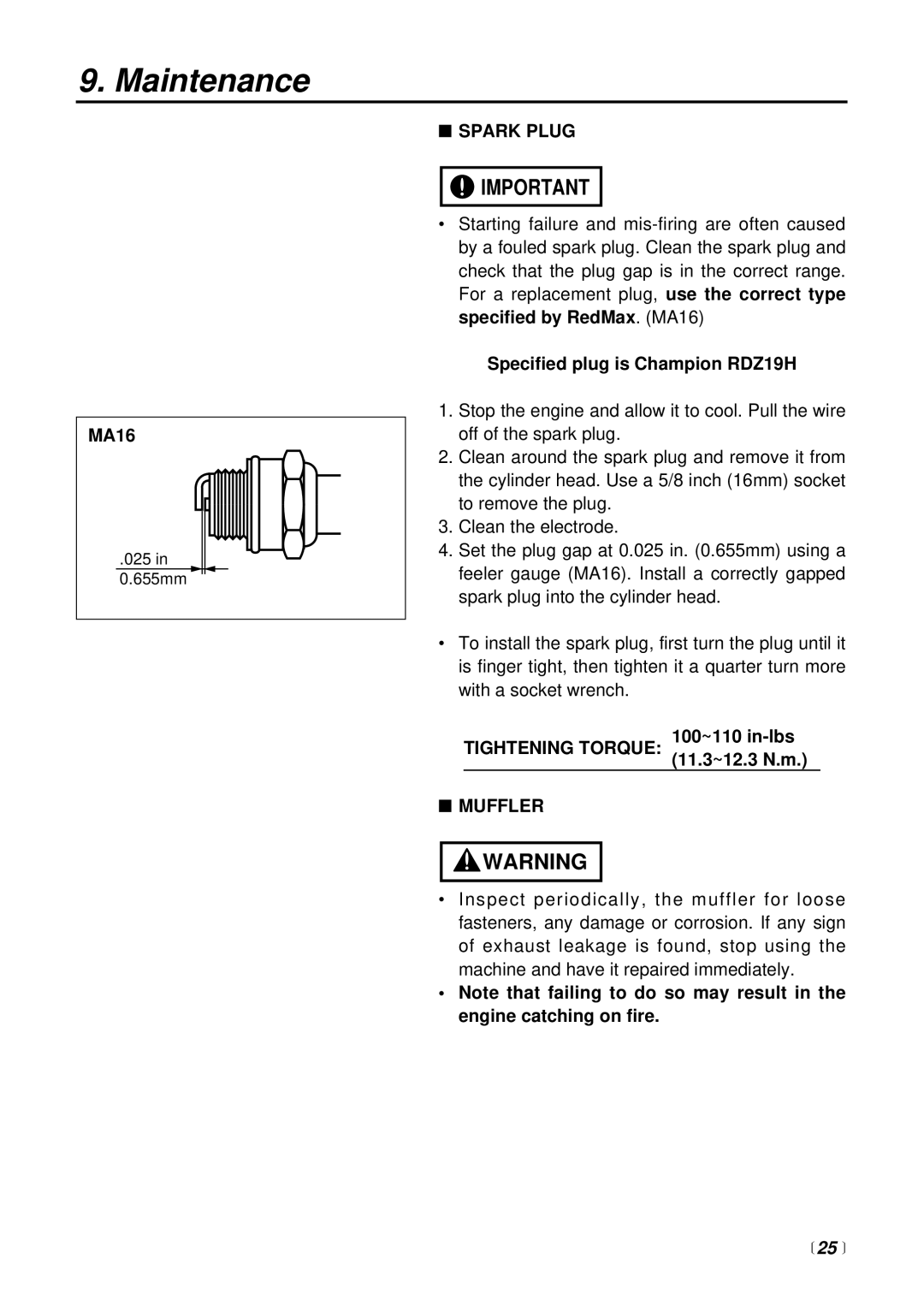 RedMax BCX2600S manual MA16, Spark Plug, Specified plug is Champion RDZ19H, Tightening Torque Muffler 