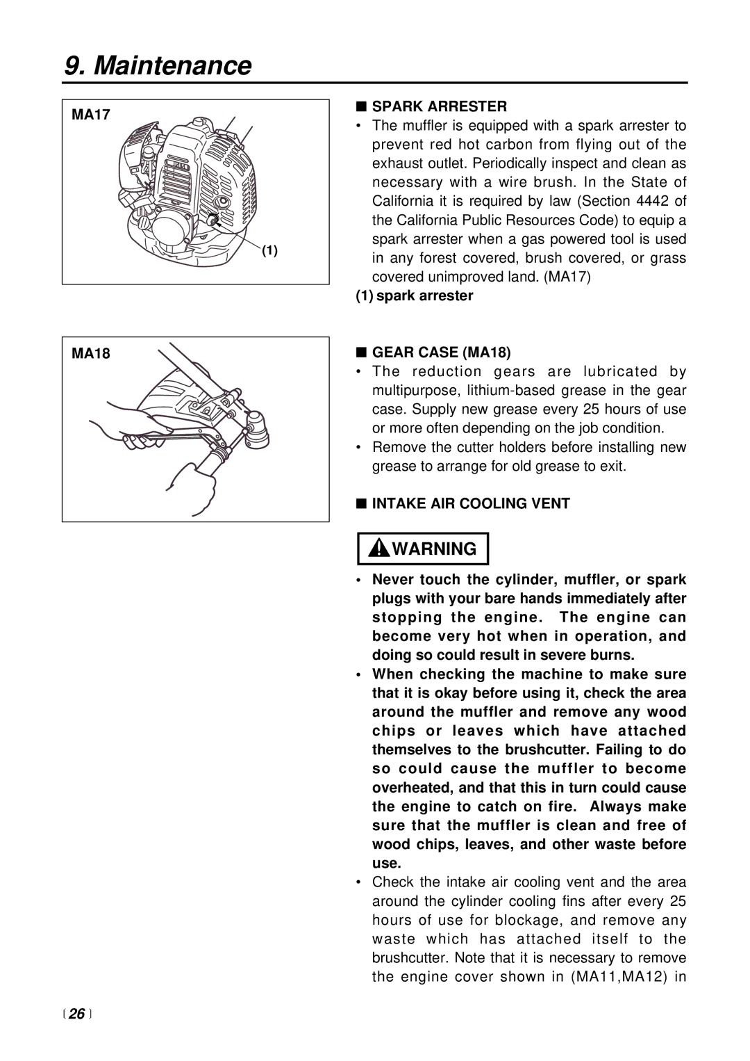 RedMax BCX2600S manual MA17 MA18, Spark Arrester, Spark arrester, Gear Case MA18, Intake AIR Cooling Vent 