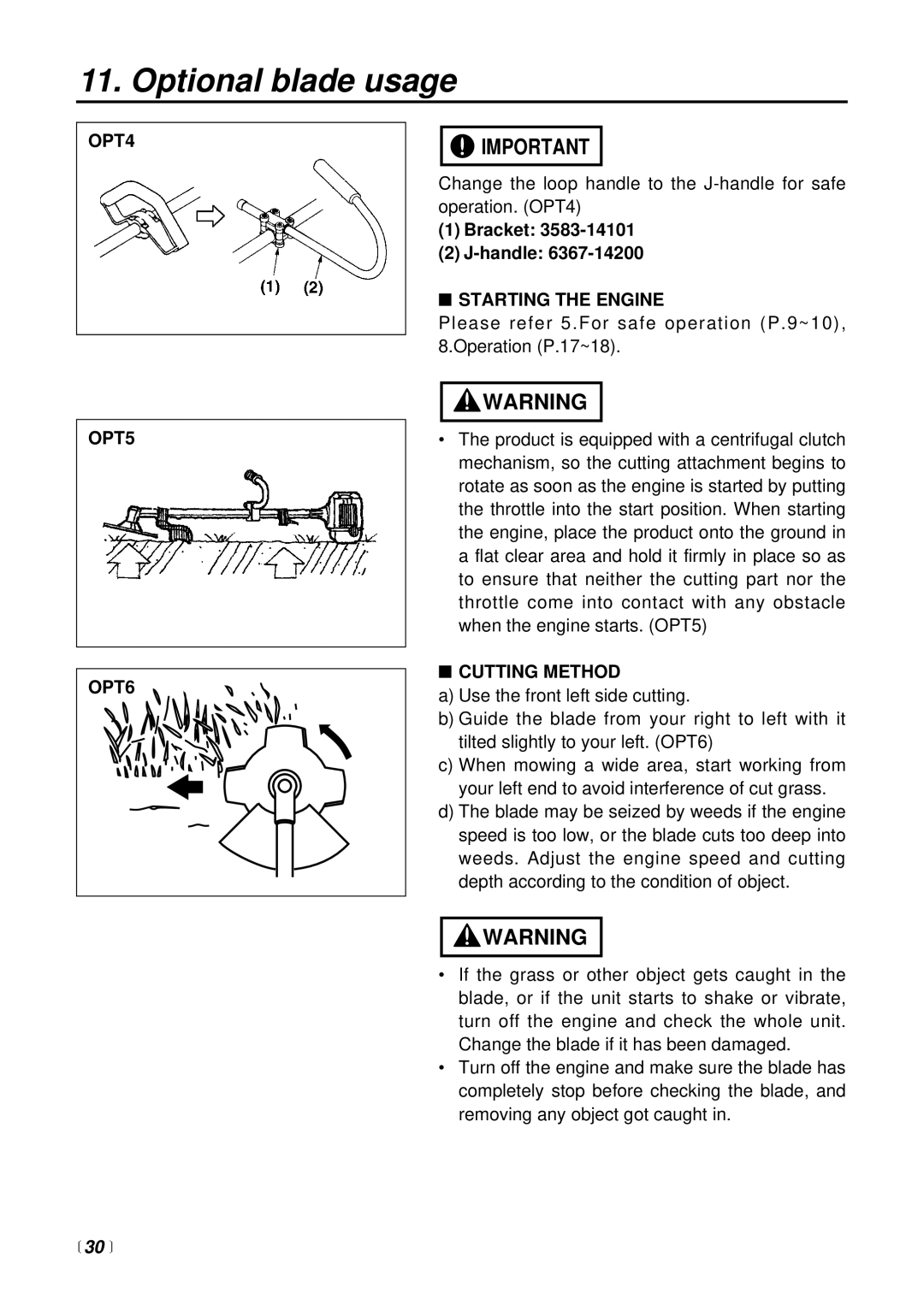 RedMax BCX2600S manual OPT4 OPT5 OPT6, Bracket Handle, Cutting Method 