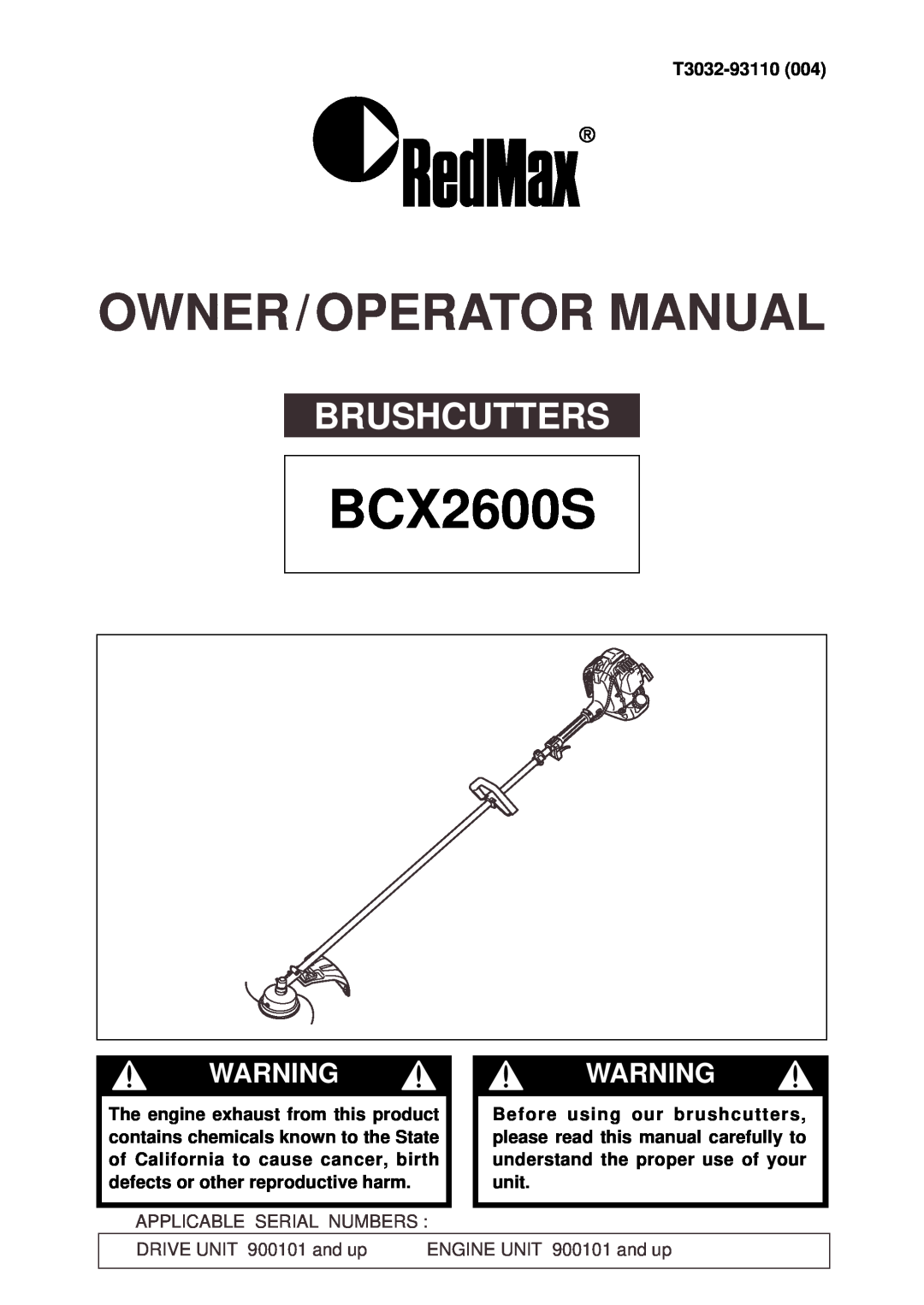 RedMax BCX2600S manual Brushcutters, T3032-93110, Owner / Operator Manual, Warningwarning 