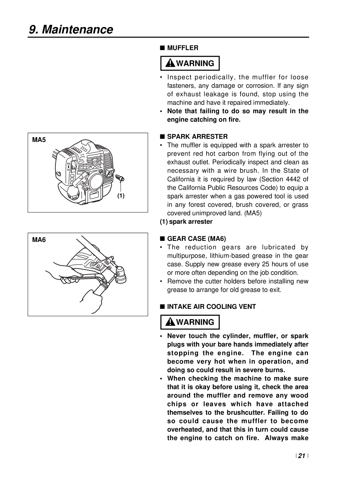 RedMax BCZ2400S manual MA5 MA6 Muffler, Spark Arrester, Gear Case MA6, Intake AIR Cooling Vent, 21  