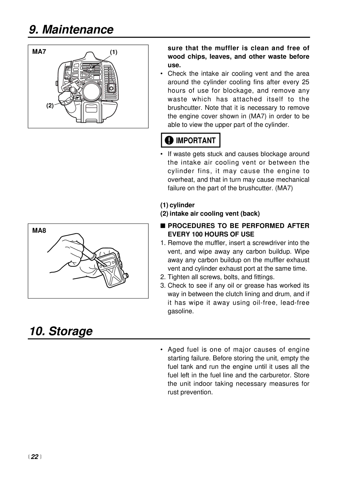 RedMax BCZ2400S manual Storage, MA8, Procedures to be Performed After Every 100 Hours of USE, 22  