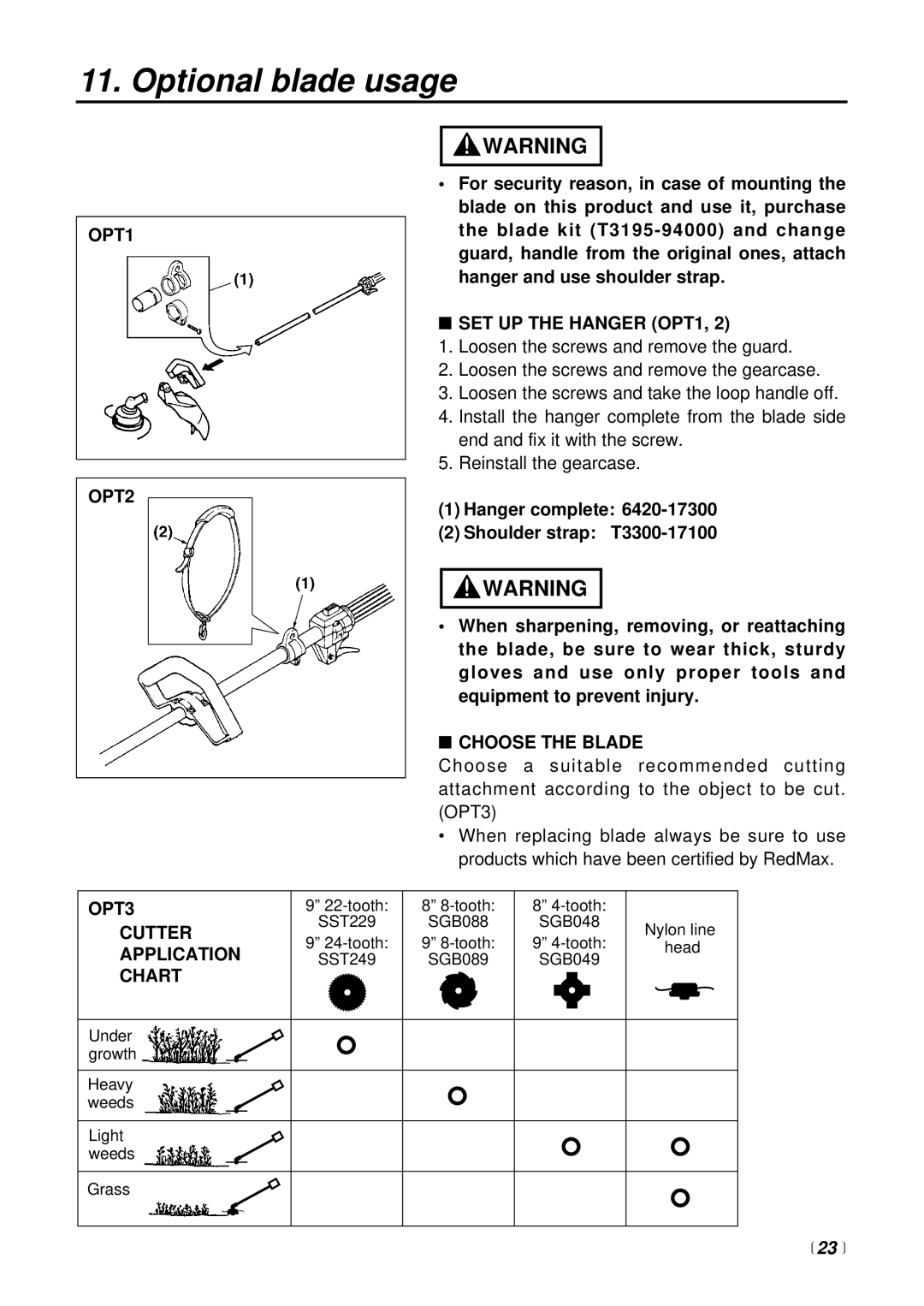 RedMax BCZ2400S manual Optional blade usage, 23  