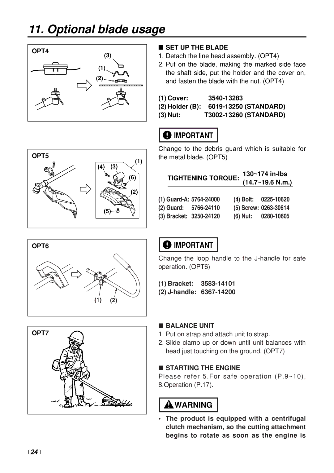 RedMax BCZ2400S manual OPT4, OPT5 OPT6 OPT7, 24 , SET UP the Blade, Standard 