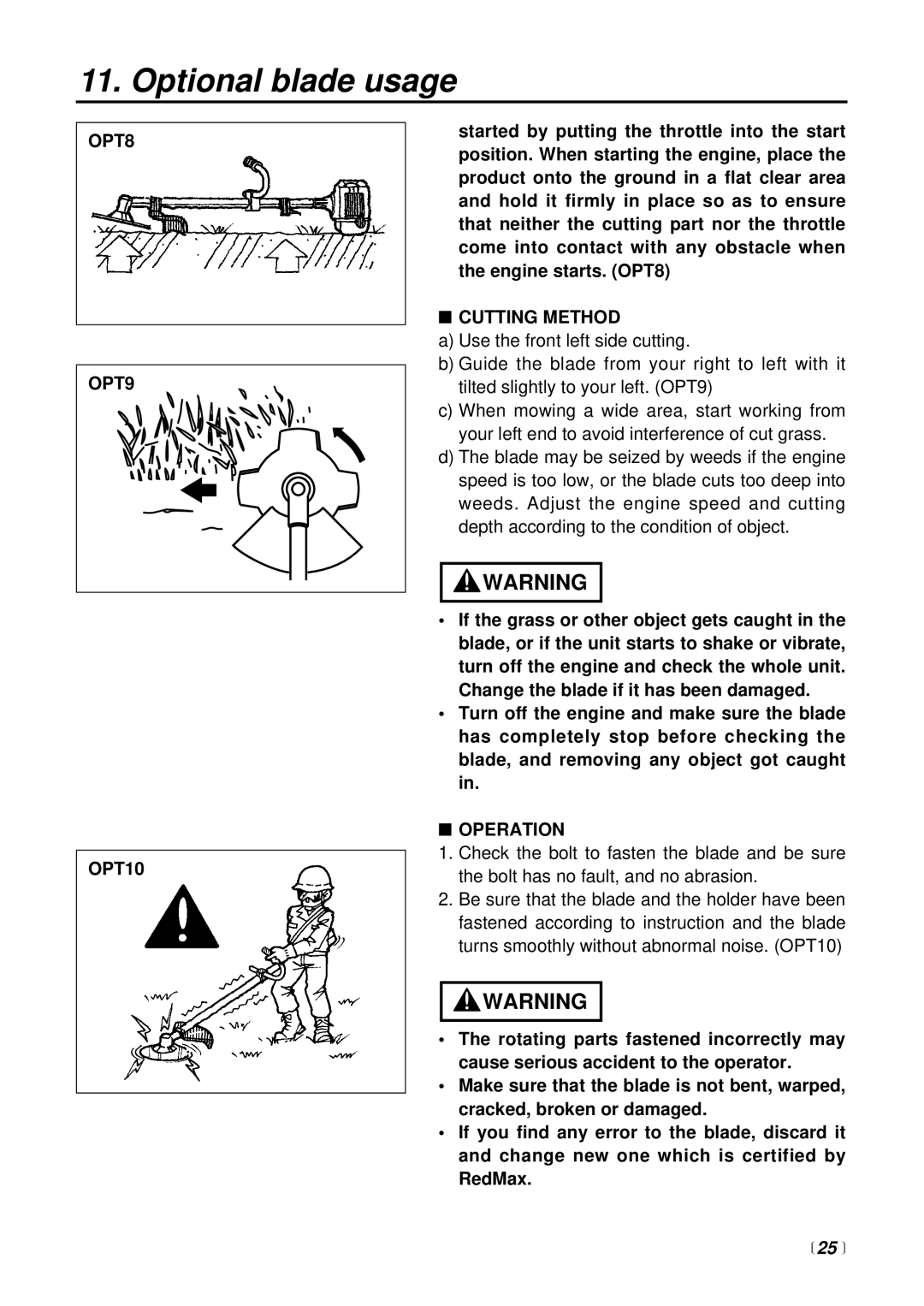 RedMax BCZ2400S manual OPT8 OPT9 OPT10, Cutting Method, Operation, 25  