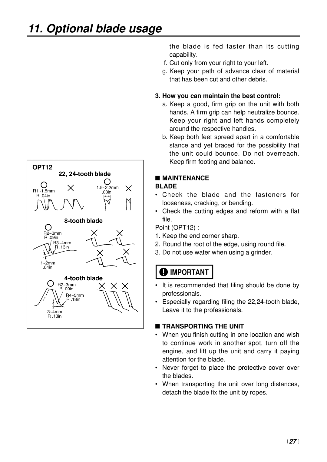 RedMax BCZ2400S manual OPT12, Maintenance Blade, Transporting the Unit, 27  