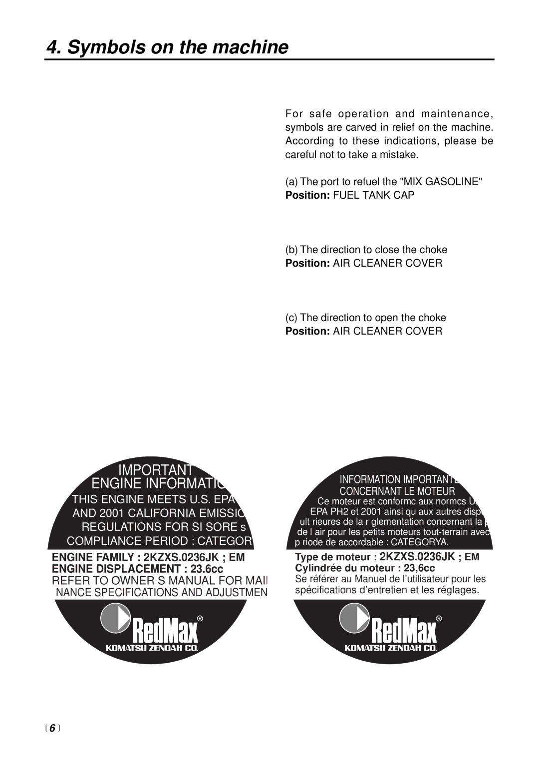 RedMax BCZ2400S manual Symbols on the machine, Engine Information 