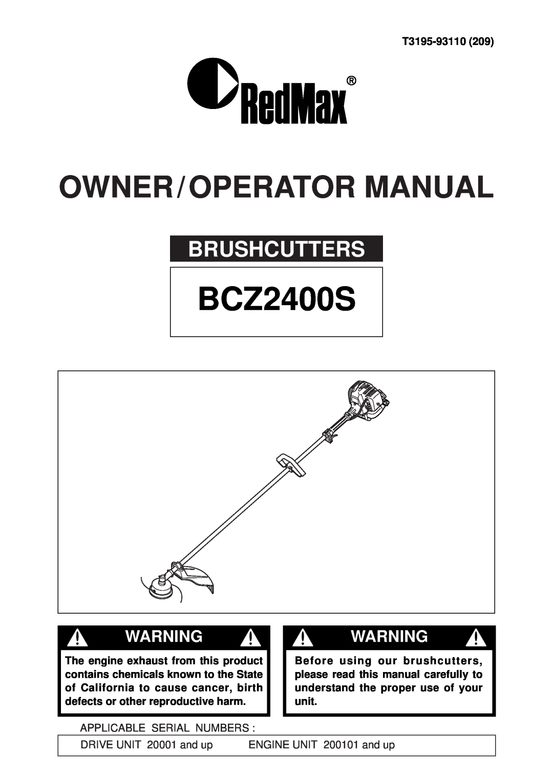 RedMax BCZ2400S manual Brushcutters, Owner / Operator Manual, Warningwarning 