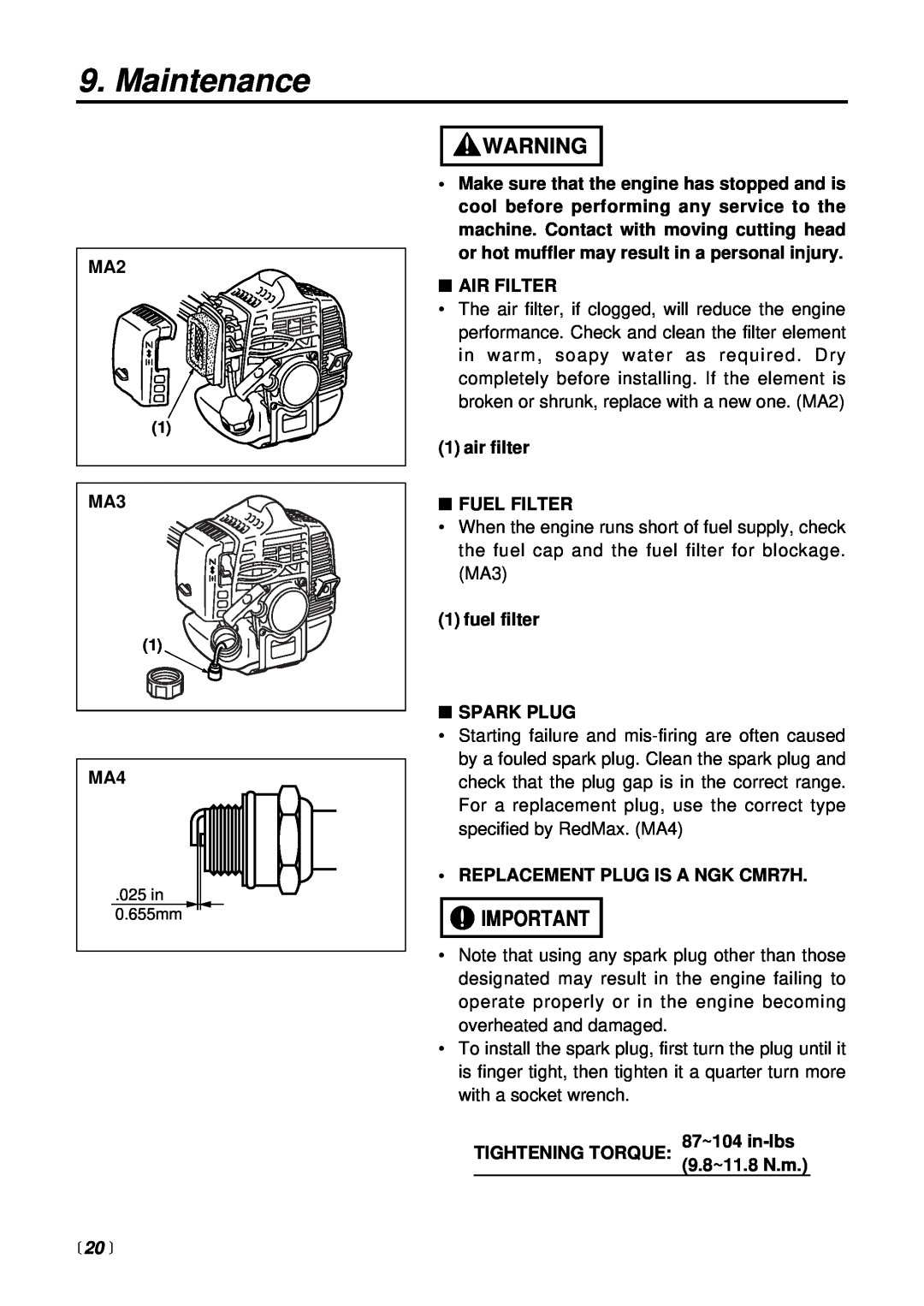 RedMax BCZ2400S manual 20 , Maintenance, Air Filter 