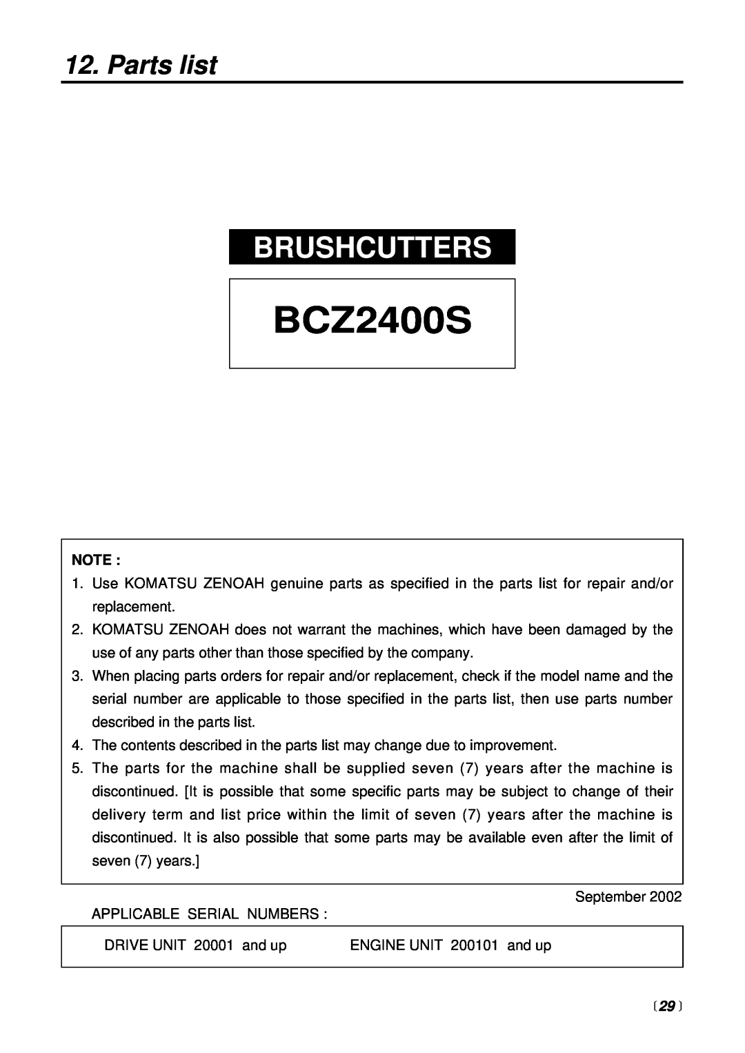 RedMax BCZ2400S manual Parts list, 29 , Brushcutters 