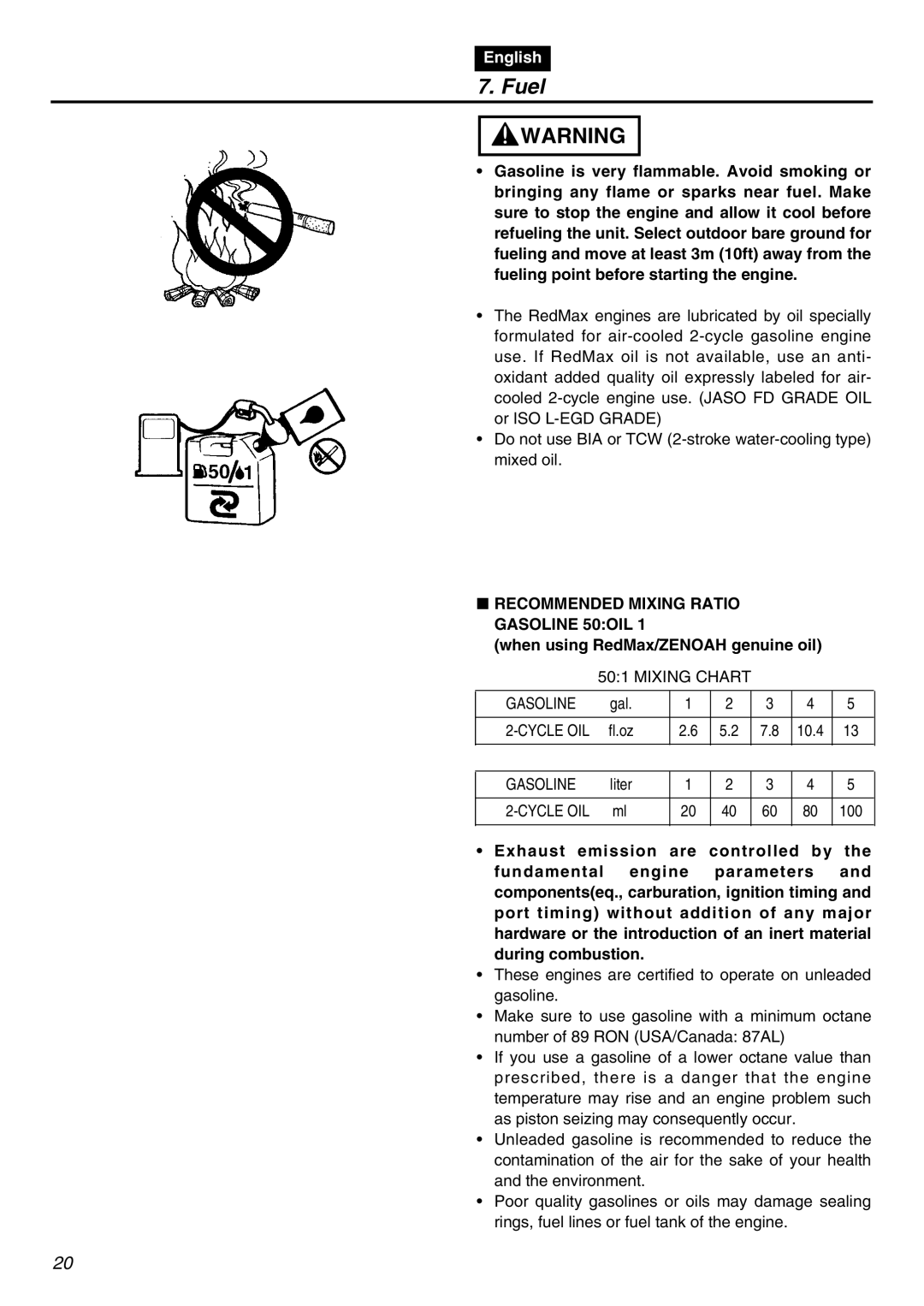 RedMax BCZ2401S-CA manual Fuel, Recommended Mixing Ratio Gasoline 50OIL, When using RedMax/ZENOAH genuine oil 