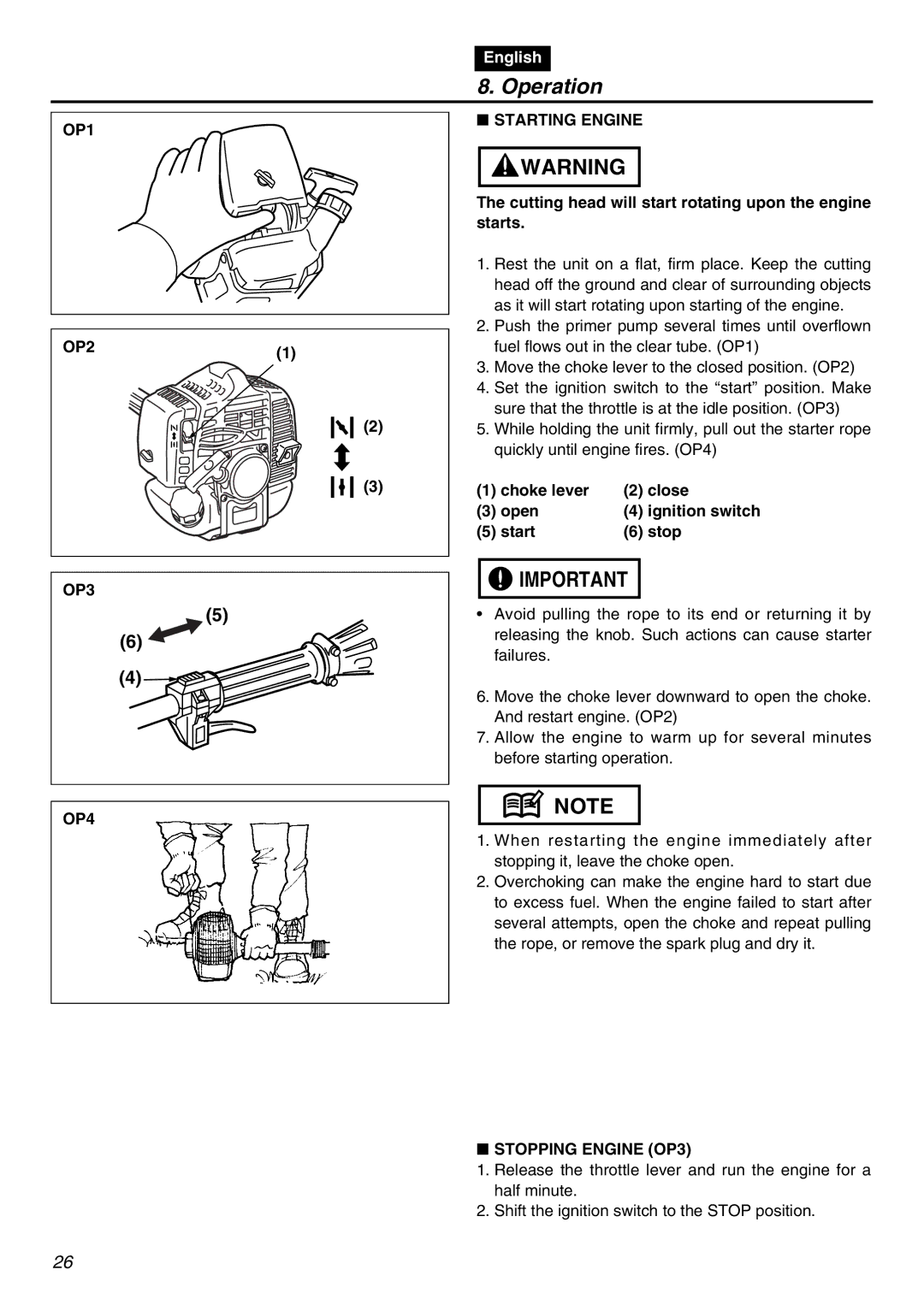 RedMax BCZ2401S-CA manual Operation, OP1 OP2 OP3 Starting Engine, OP4, Stopping Engine OP3 