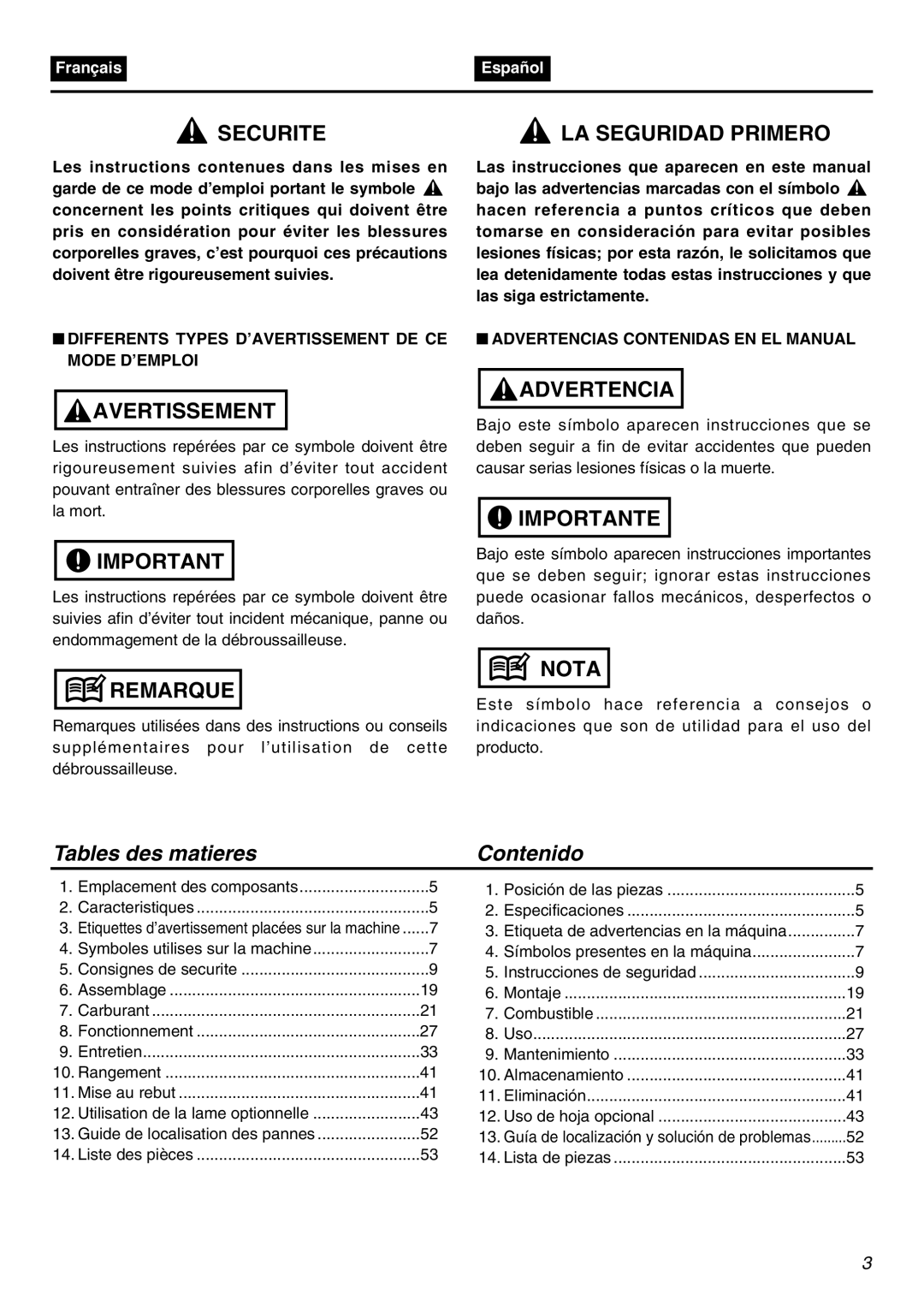 RedMax BCZ2401S-CA manual Tables des matieres Contenido, Differents Types D’AVERTISSEMENT DE CE Mode D’EMPLOI 