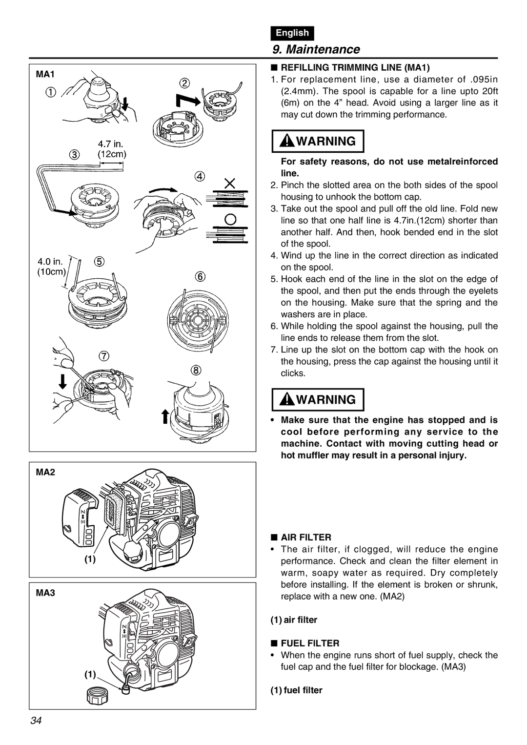 RedMax BCZ2401S-CA manual MA1 MA2 MA3, Refilling Trimming Line MA1, AIR Filter, Fuel Filter 