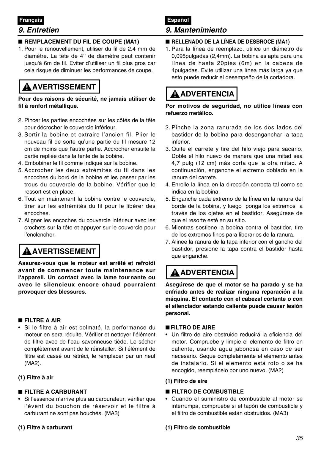 RedMax BCZ2401S-CA manual Entretien Mantenimiento, Filtre a AIR, Filtre a Carburant, Filtro DE Aire, Filtro DE Combustible 