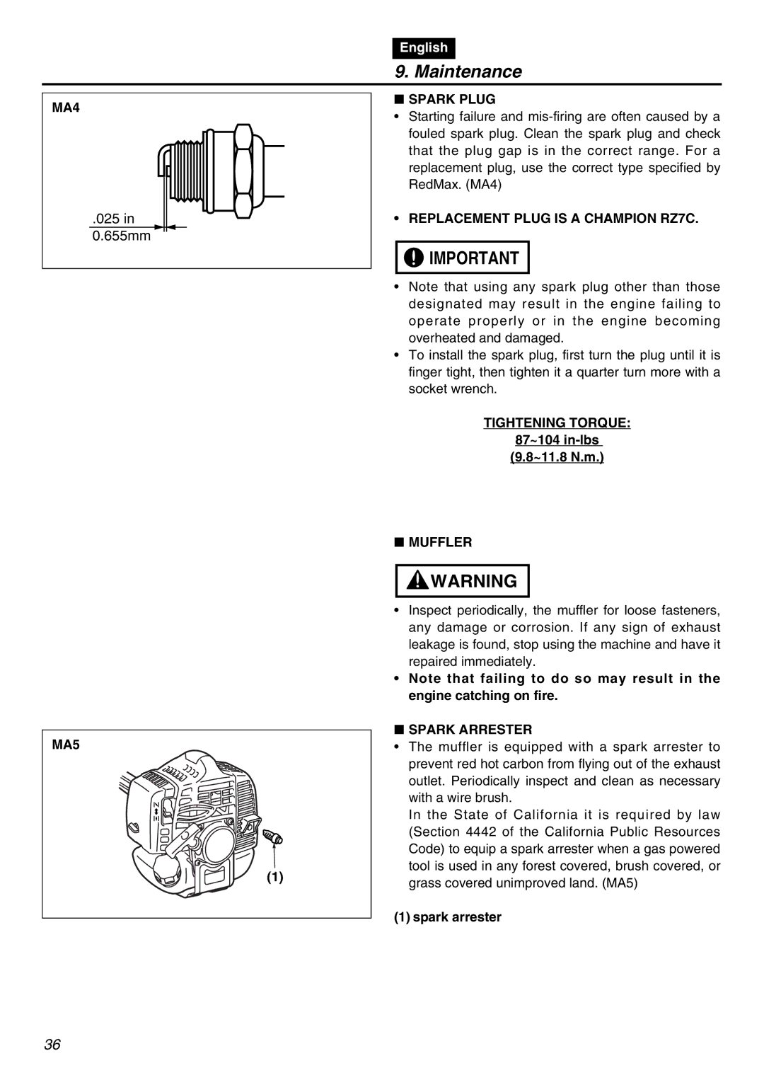 RedMax BCZ2401S manual MA4, Spark Plug, Replacement Plug is a Champion RZ7C, Tightening Torque, Muffler MA5, Spark Arrester 