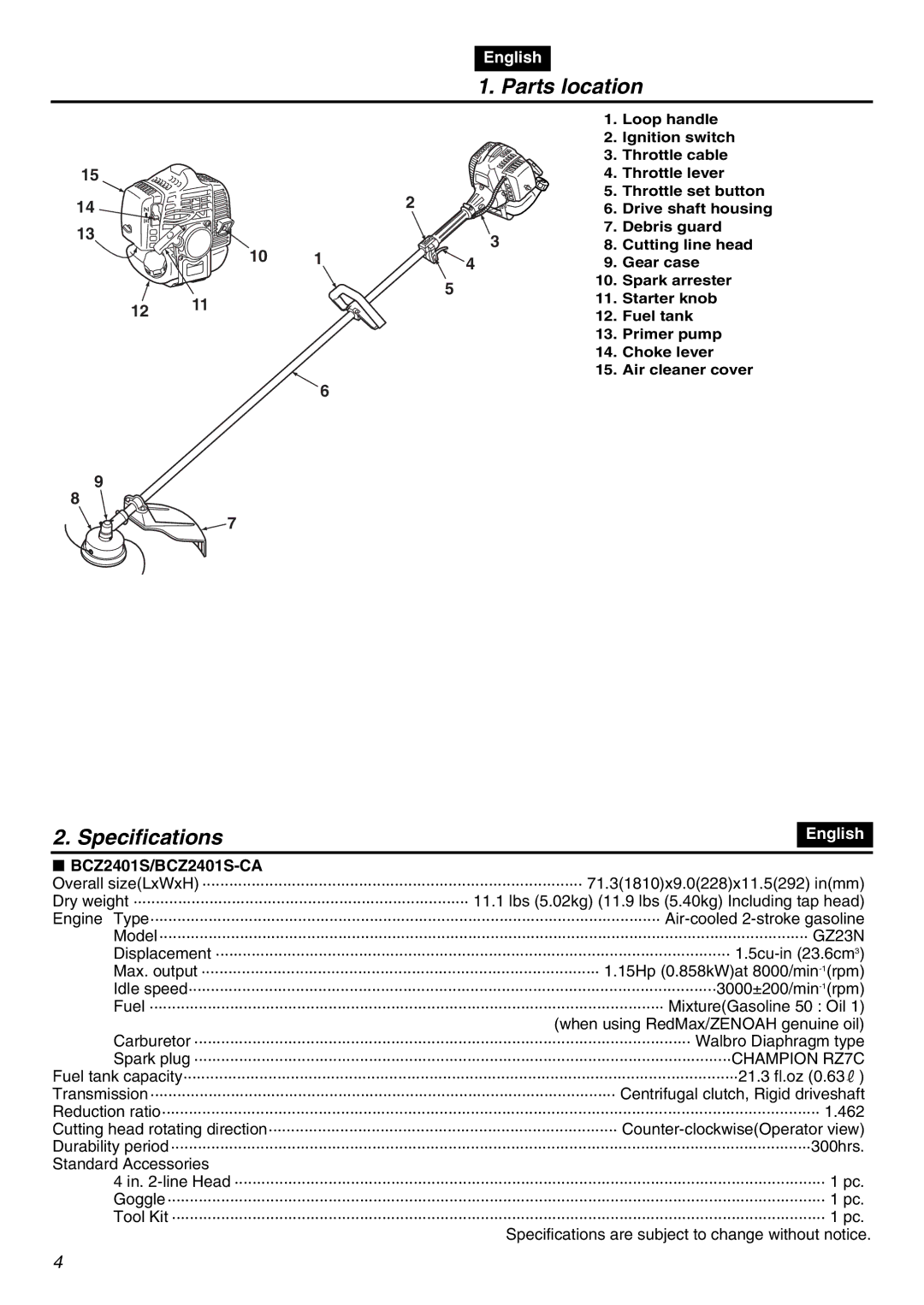 RedMax manual Parts location Specifications, BCZ2401S/BCZ2401S-CA 