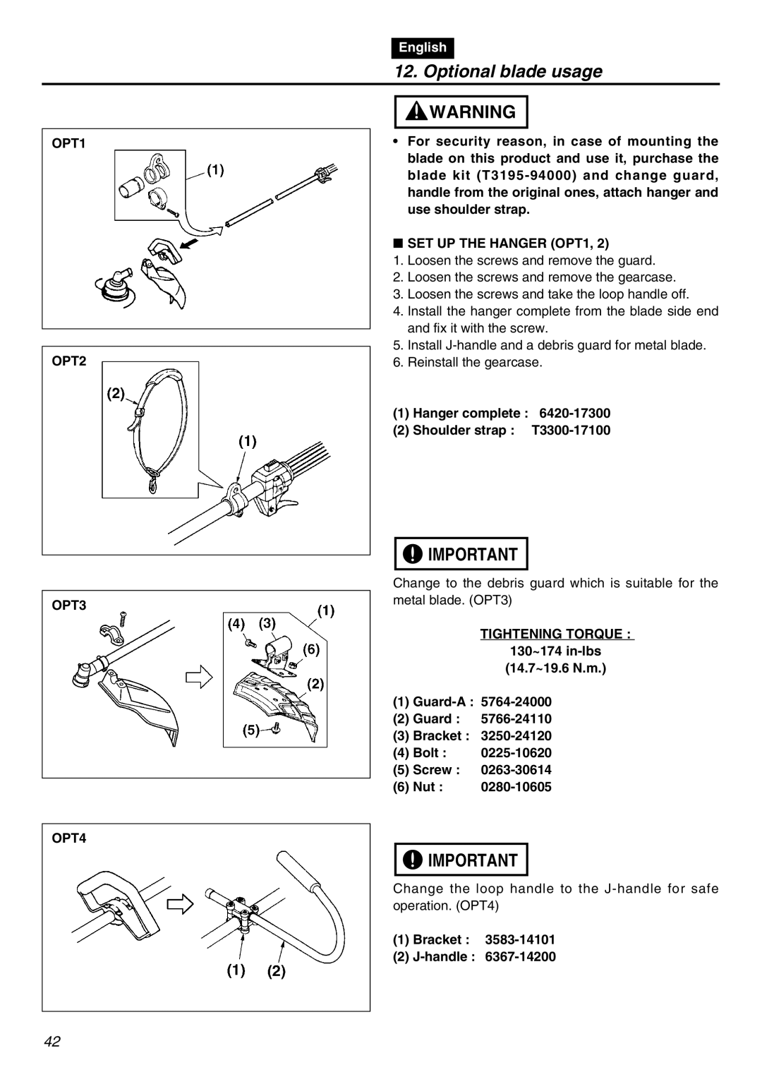 RedMax BCZ2401S-CA manual Optional blade usage, OPT1 OPT2 OPT3 OPT4, SET UP the Hanger OPT1, Bracket Handle 