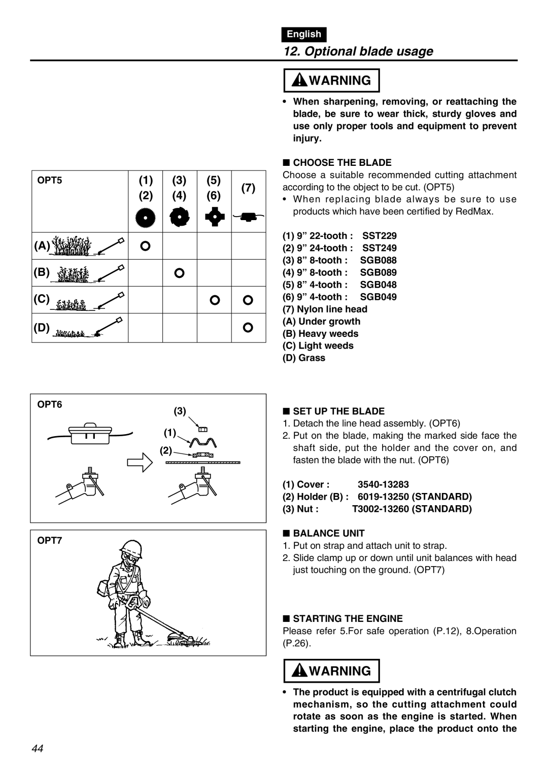 RedMax BCZ2401S-CA manual OPT5 OPT6 OPT7, Choose the Blade, SET UP the Blade, Balance Unit 