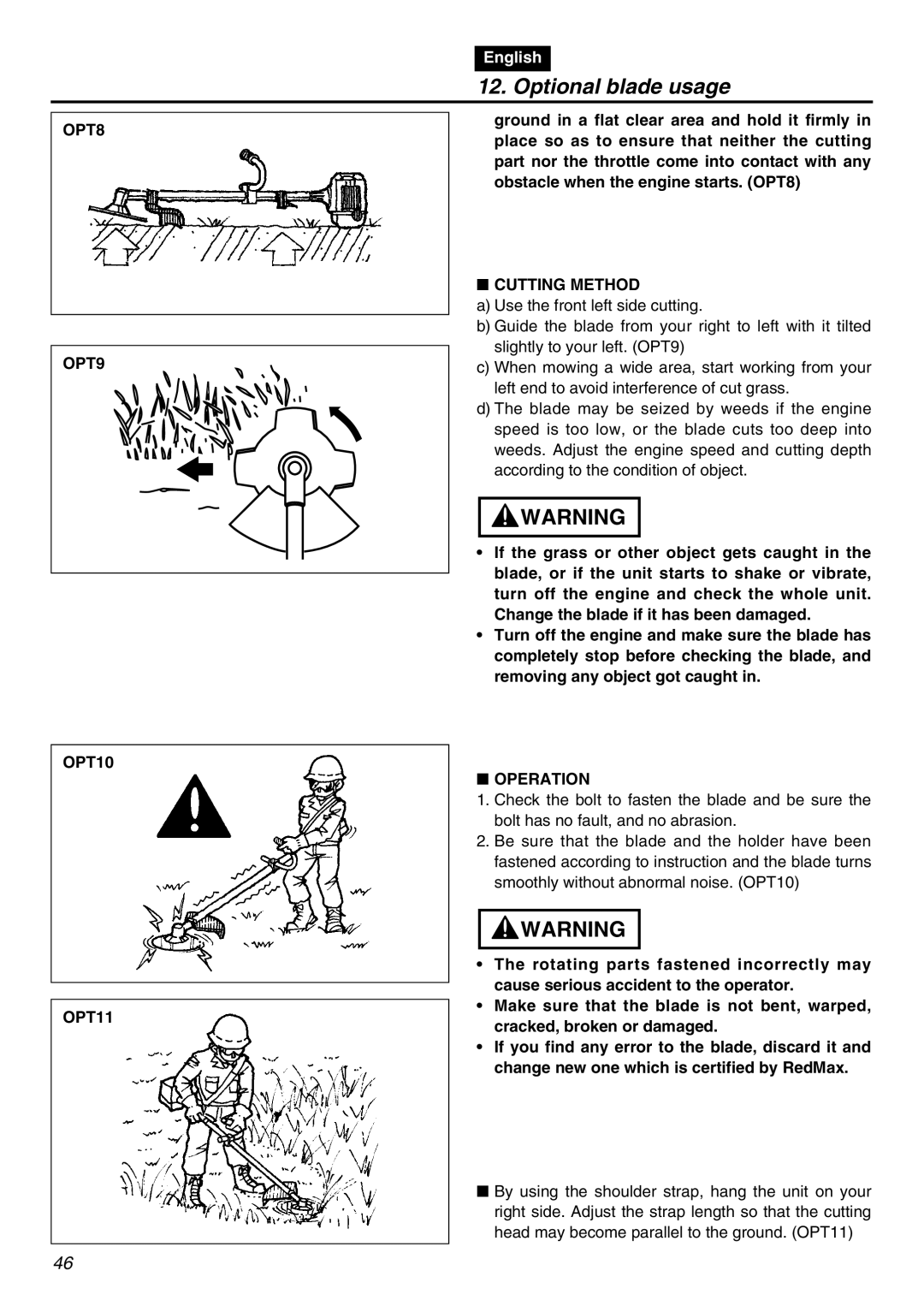 RedMax BCZ2401S-CA manual OPT8 OPT9 OPT10 OPT11, Cutting Method, Operation 