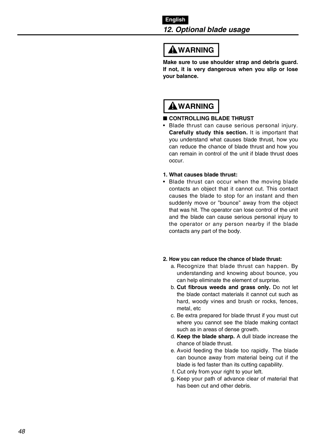 RedMax BCZ2401S manual Controlling Blade Thrust, What causes blade thrust, How you can reduce the chance of blade thrust 