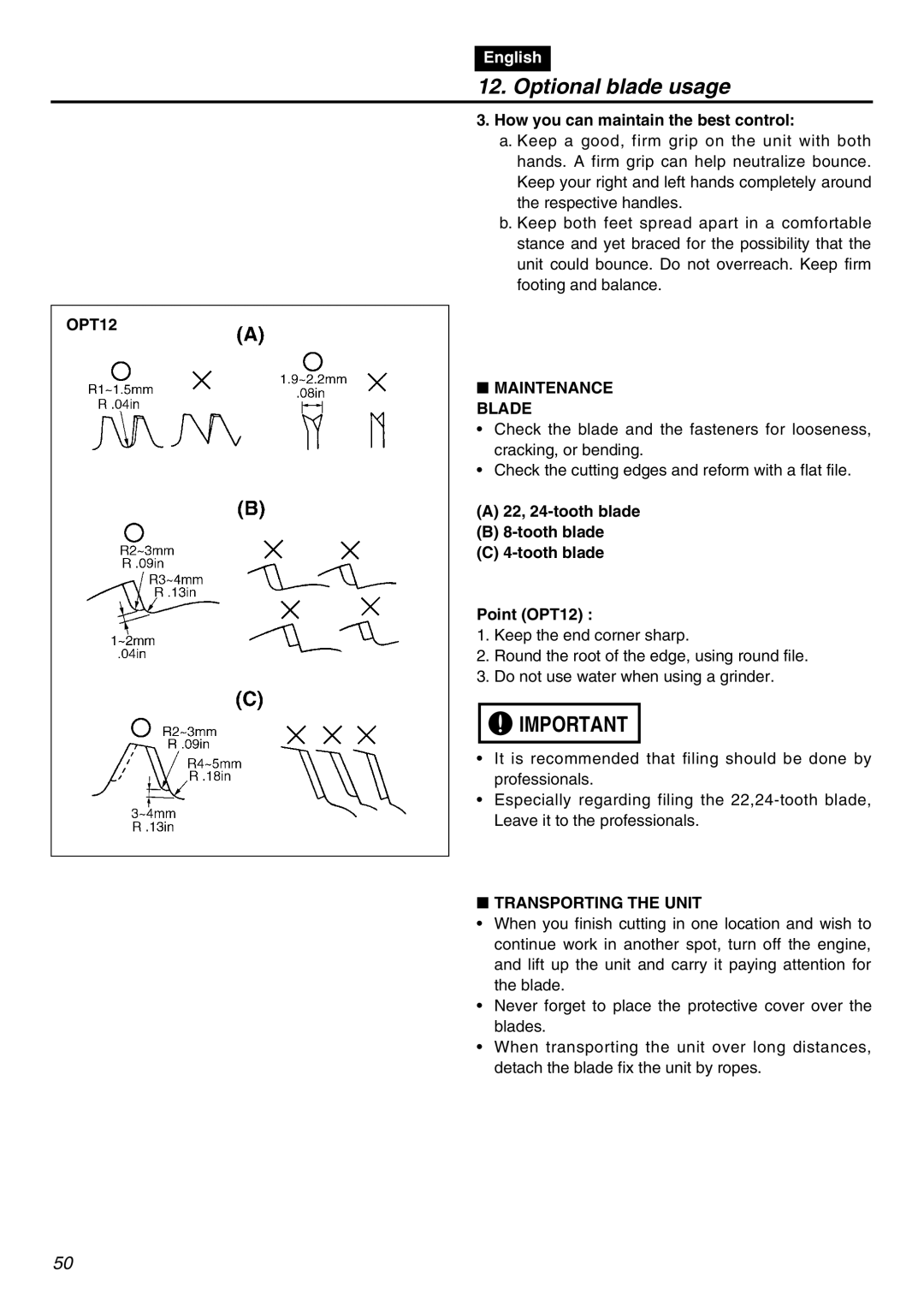 RedMax BCZ2401S-CA manual OPT12, How you can maintain the best control, Maintenance Blade, Transporting the Unit 