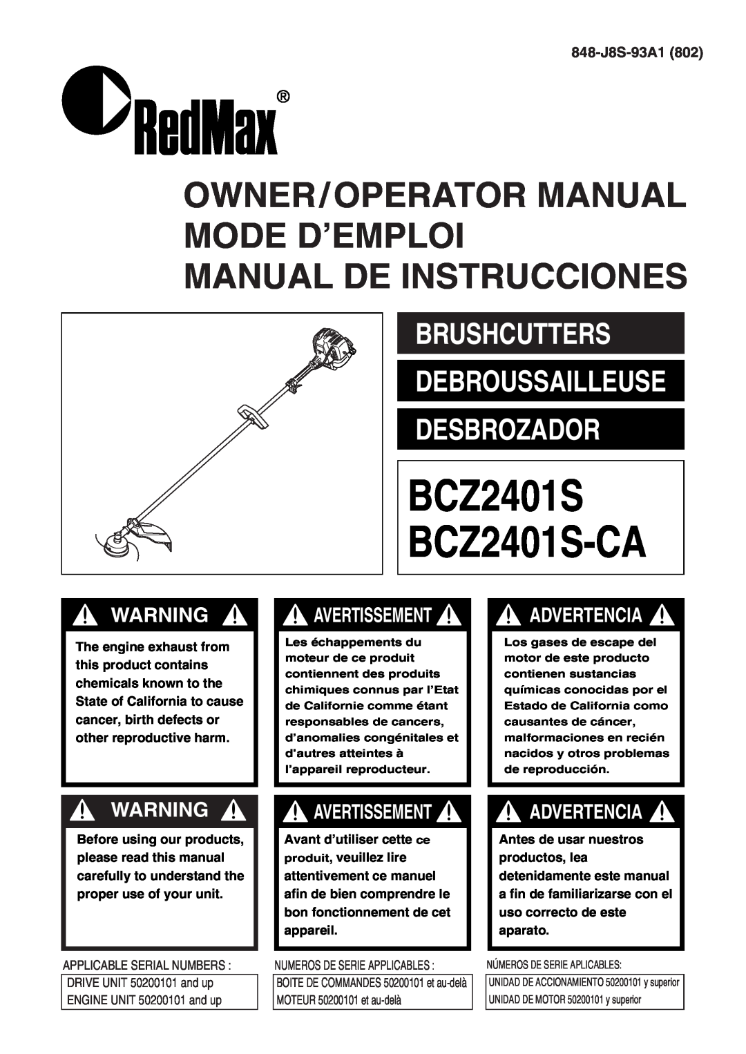 RedMax manual 848-J8S-93A1, BCZ2401S BCZ2401S-CA, Owner/Operator Manual Mode D’Emploi Manual De Instrucciones 