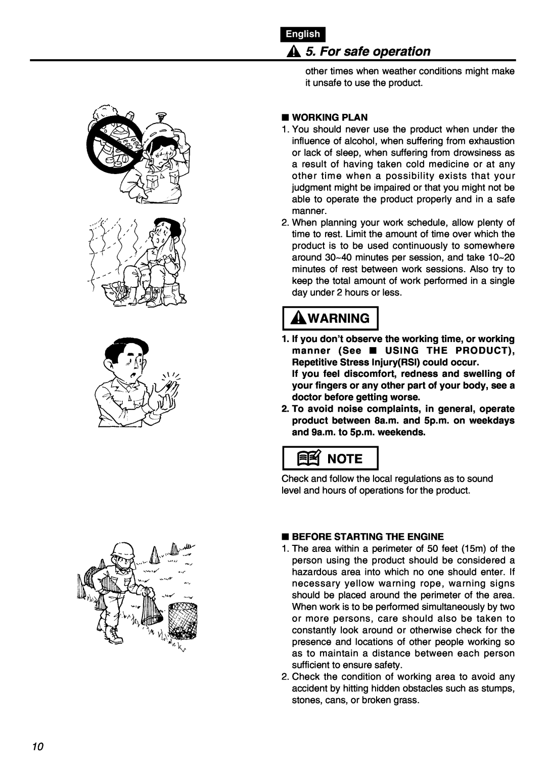 RedMax BCZ2401S-CA manual For safe operation, English, Working Plan, Repetitive Stress InjuryRSI could occur 