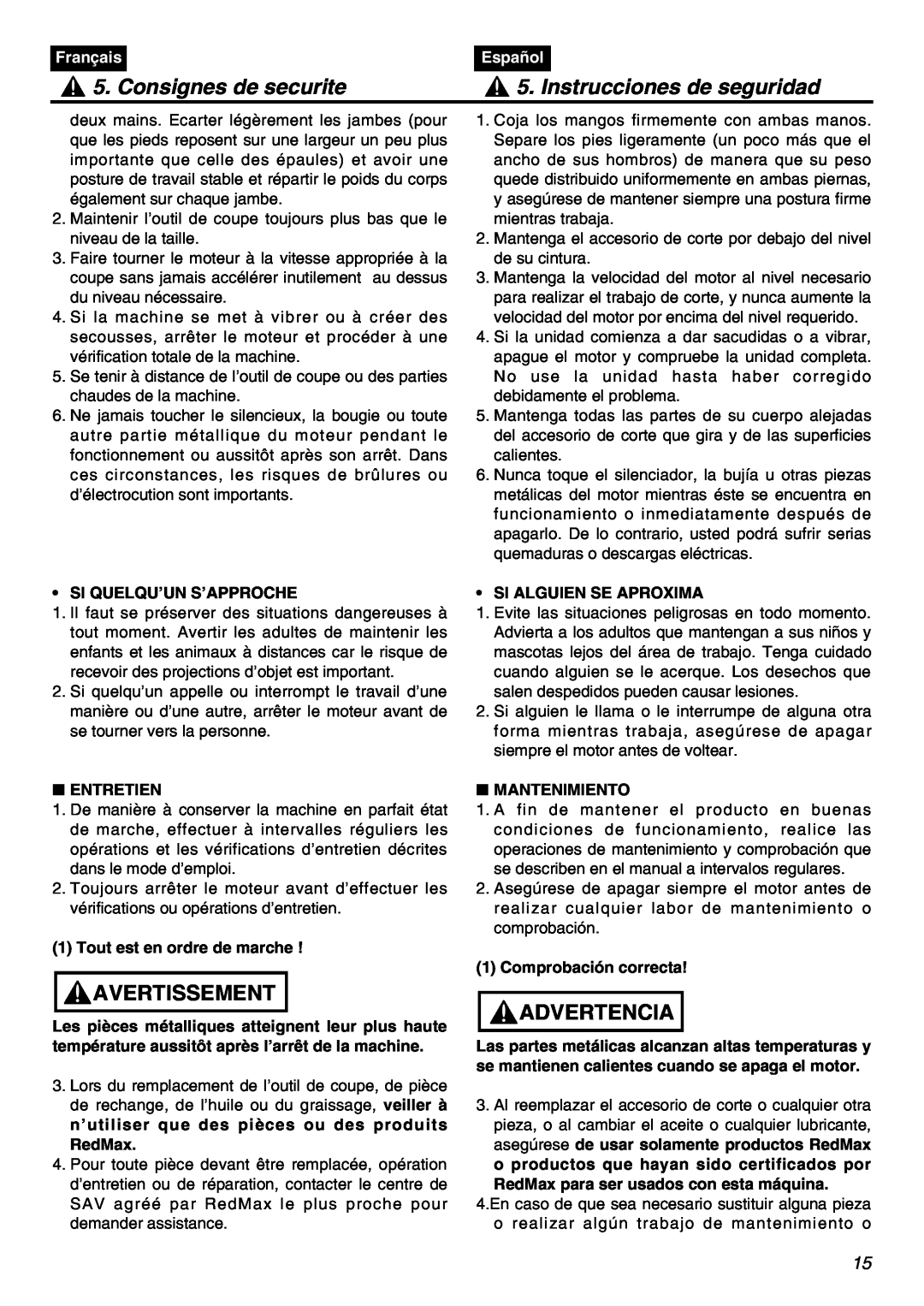 RedMax BCZ2401S-CA manual Consignes de securite, Instrucciones de seguridad, Avertissement, Advertencia, Français, Español 