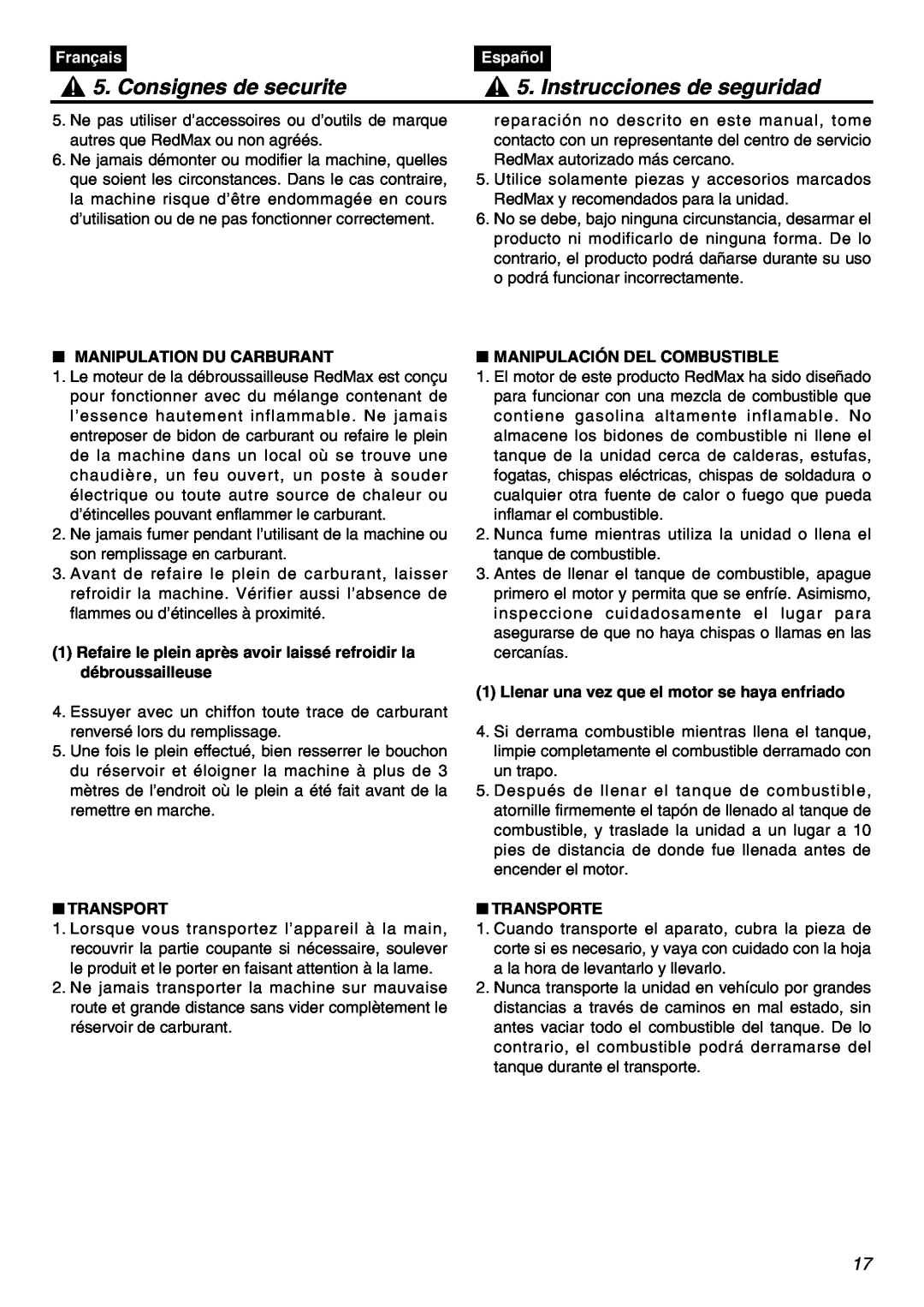 RedMax BCZ2401S-CA manual Consignes de securite, Instrucciones de seguridad, Français, Español, Manipulation Du Carburant 