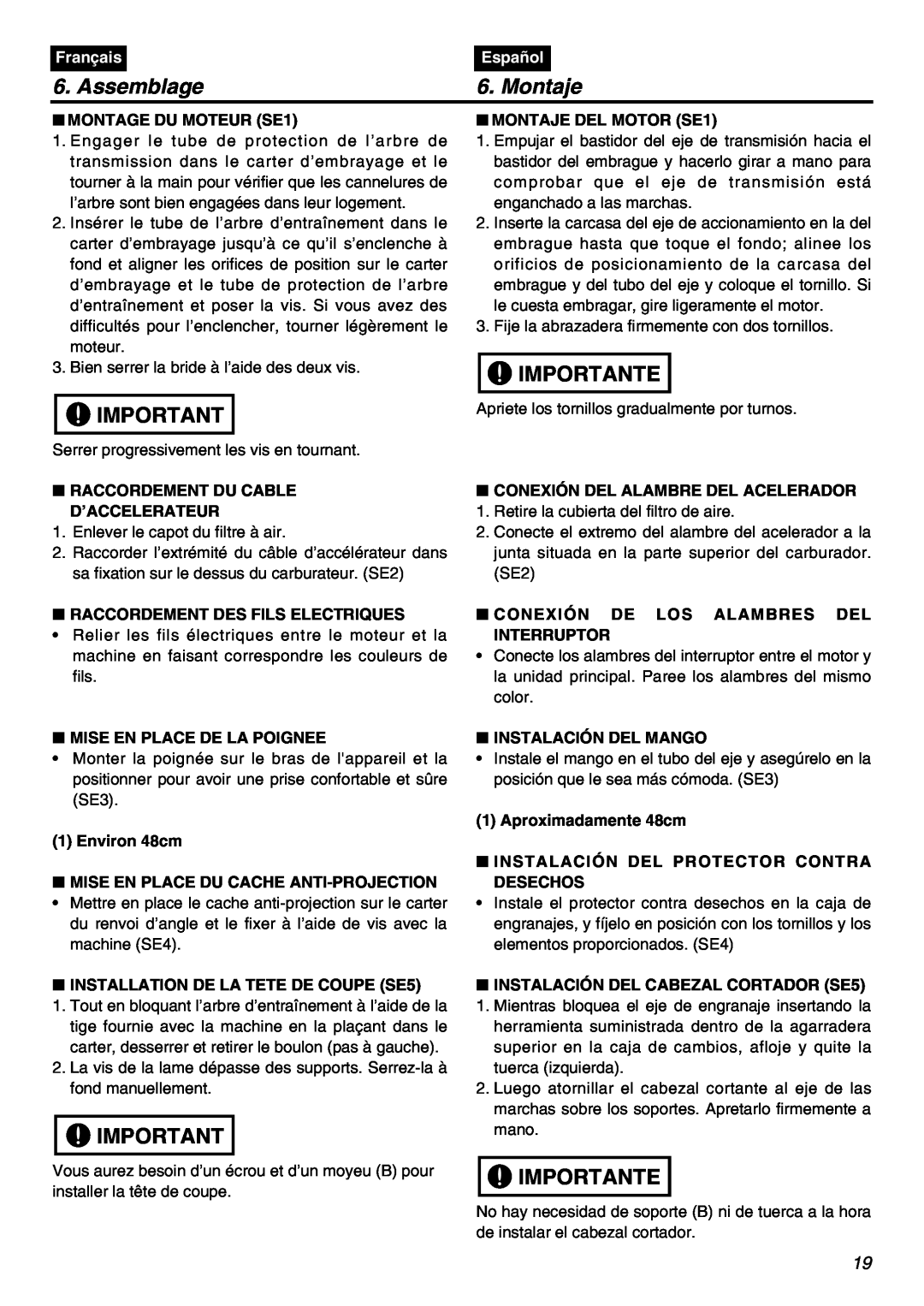 RedMax BCZ2401S-CA manual Assemblage, Montaje, Importante, Français, Español 
