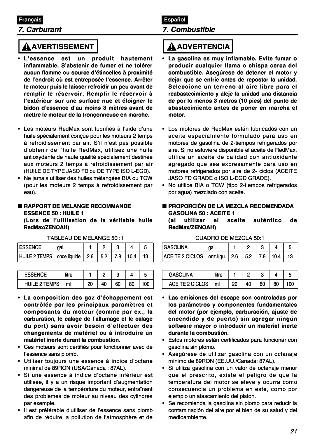 RedMax BCZ2401S-CA manual Carburant, Combustible, Avertissement, Advertencia, Français, Español 