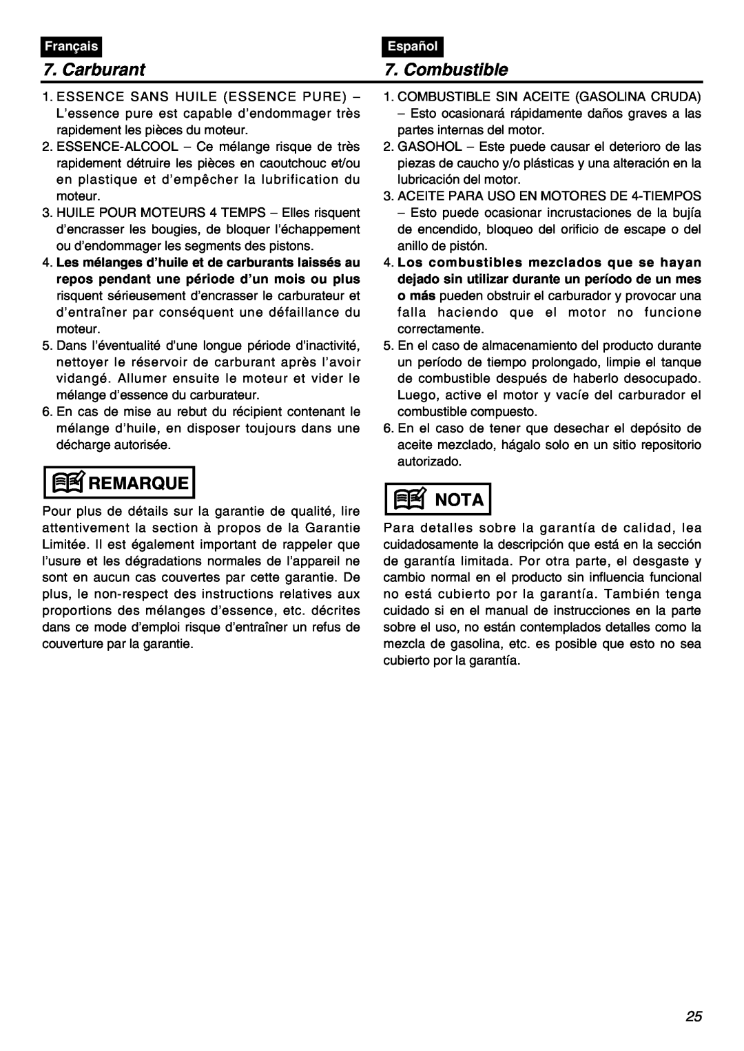 RedMax BCZ2401S-CA manual Carburant, Combustible, Remarque, Nota, Français, Español 
