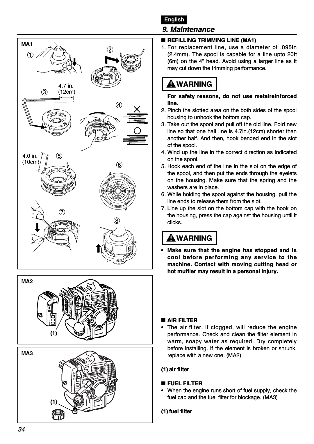 RedMax BCZ2401S manual Maintenance, MA1 MA2, English, REFILLING TRIMMING LINE MA1, Air Filter, air filter FUEL FILTER 