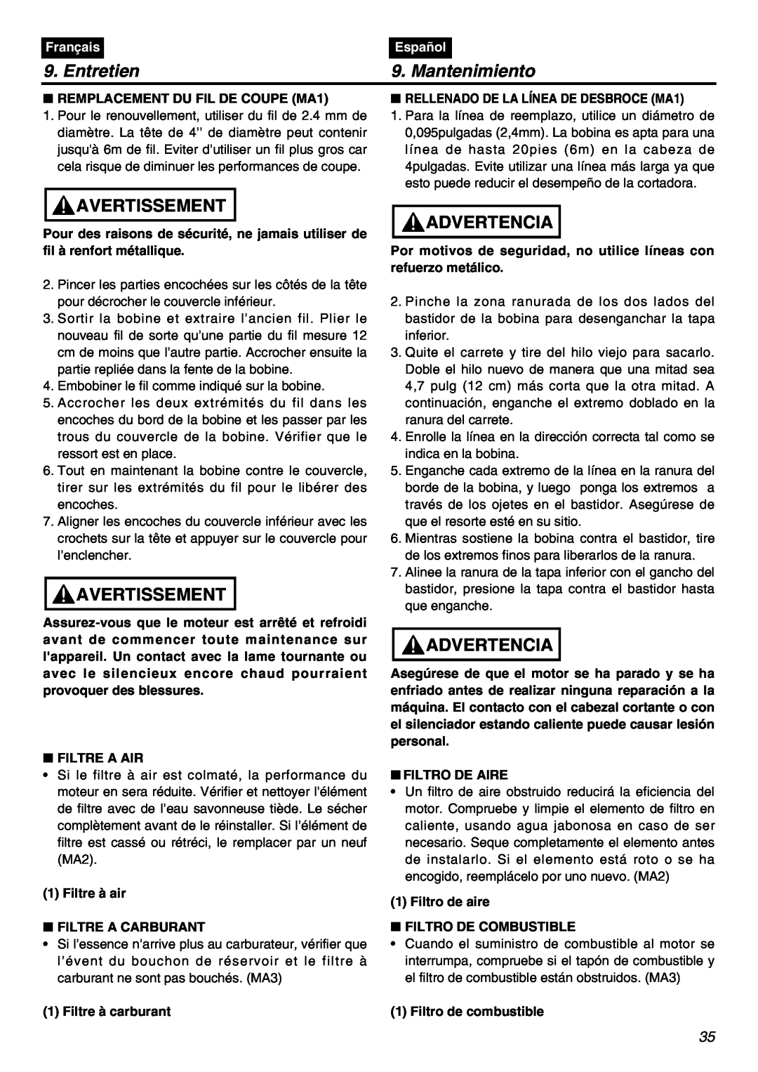 RedMax BCZ2401S-CA manual REMPLACEMENT DU FIL DE COUPE MA1, RELLENADO DE LA LÍNEA DE DESBROCE MA1, Entretien, Mantenimiento 