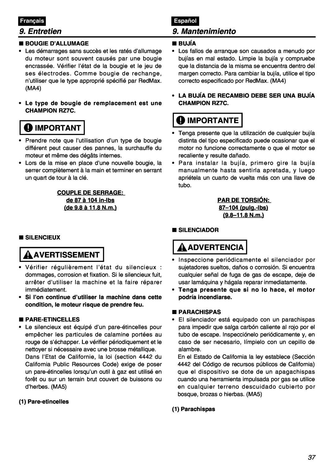 RedMax BCZ2401S-CA Bougie D’Allumage, Bujía, Entretien, Mantenimiento, Avertissement, Importante, Advertencia, Français 