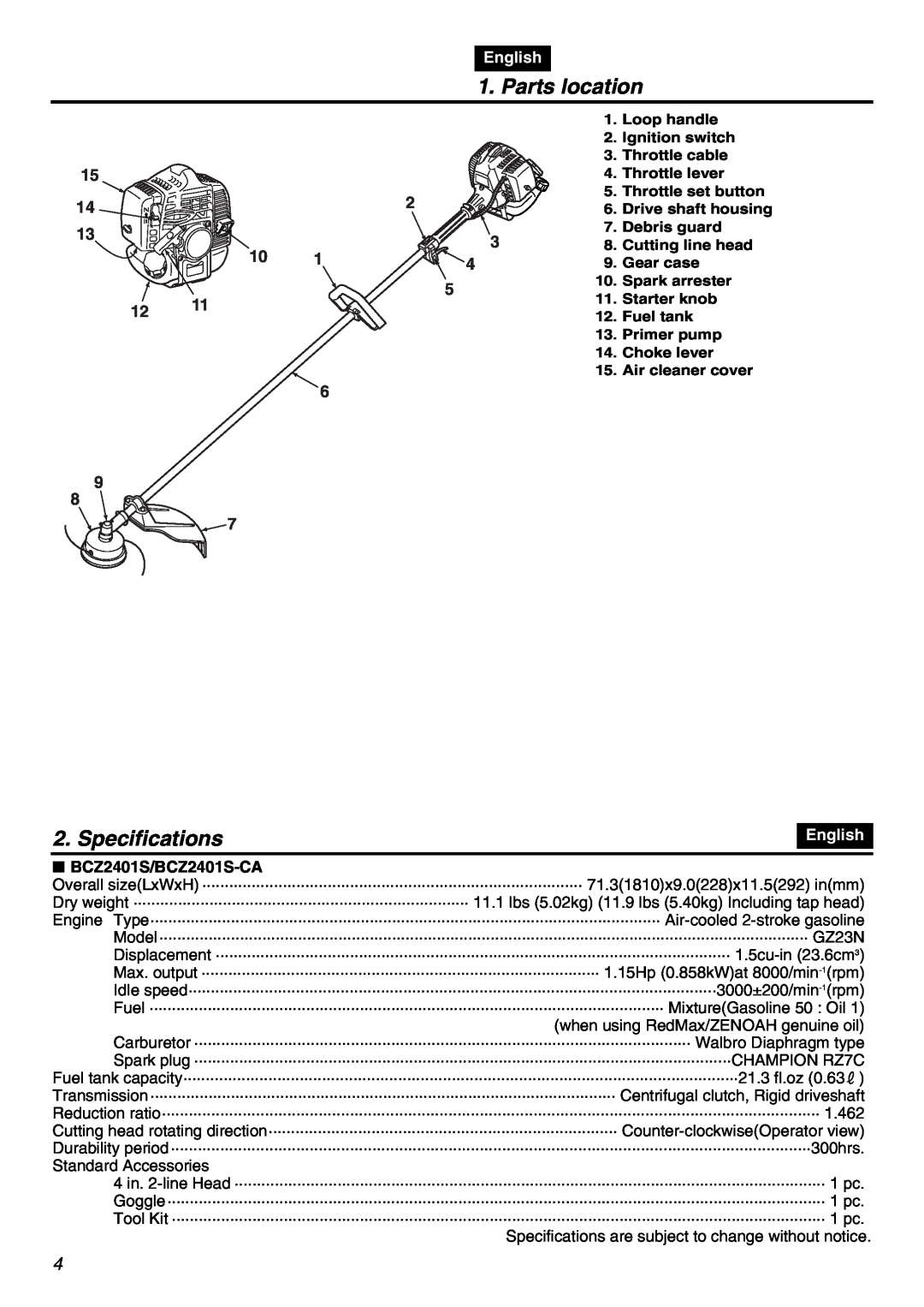 RedMax manual Parts location, Specifications, English, BCZ2401S/BCZ2401S-CA 