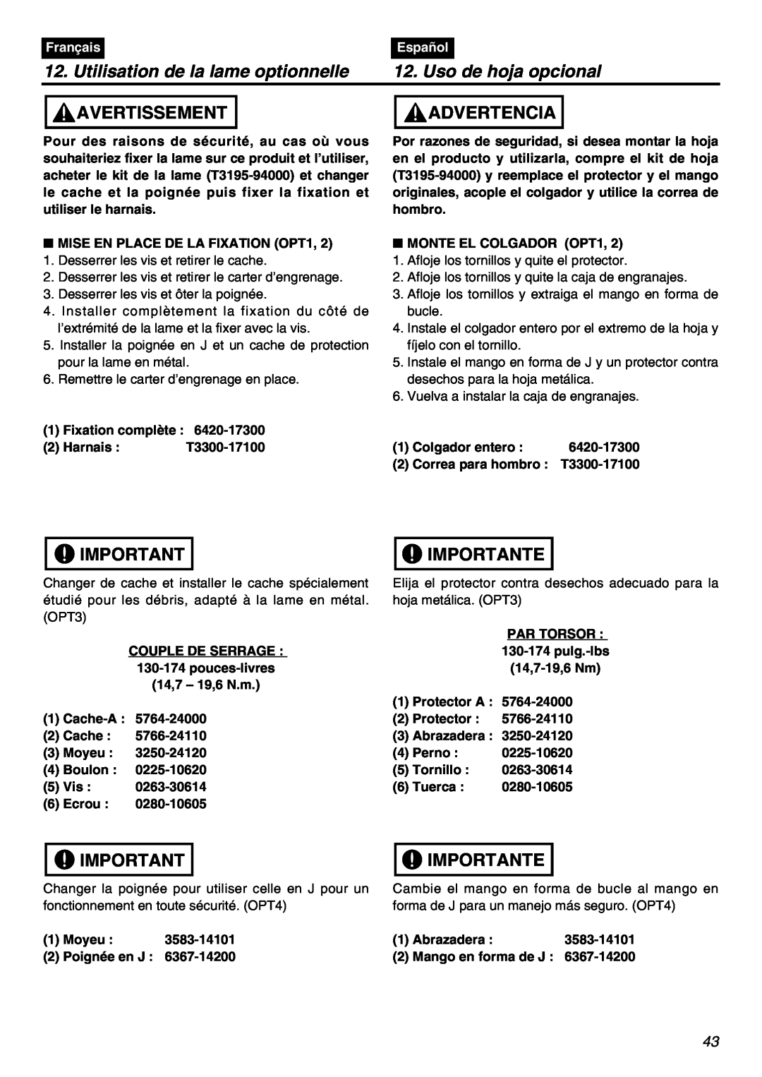 RedMax BCZ2401S-CA manual Utilisation de la lame optionnelle, Uso de hoja opcional, Avertissement, Advertencia, Importante 