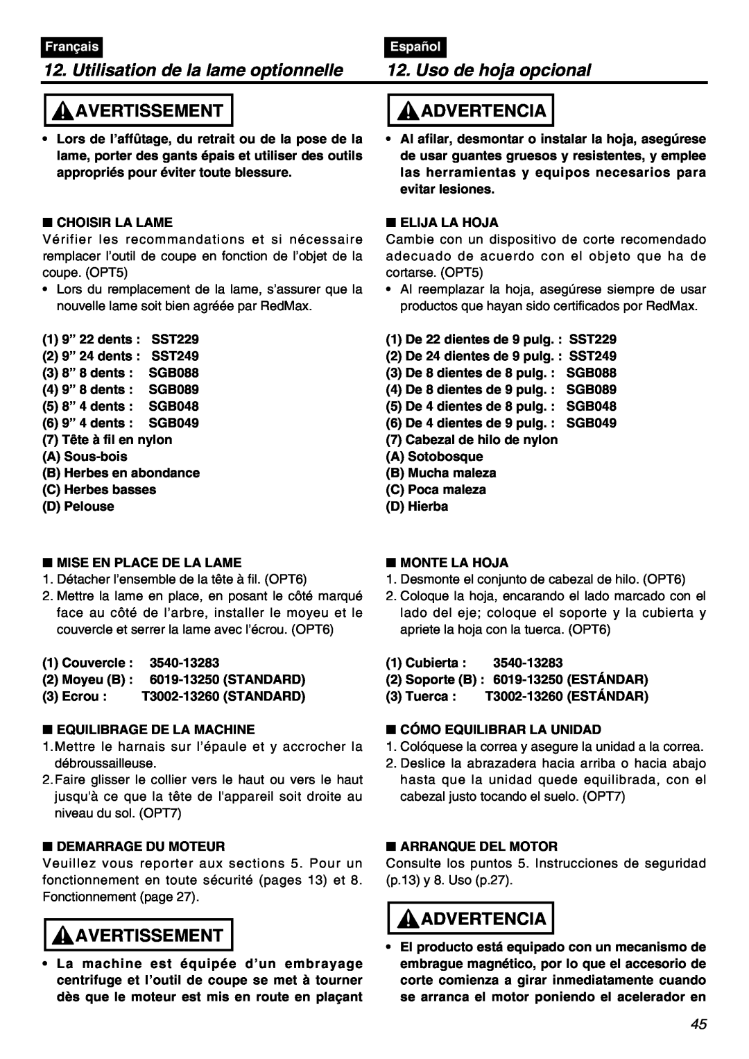 RedMax BCZ2401S-CA Utilisation de la lame optionnelle, Uso de hoja opcional, Avertissement, Advertencia, Français, Español 