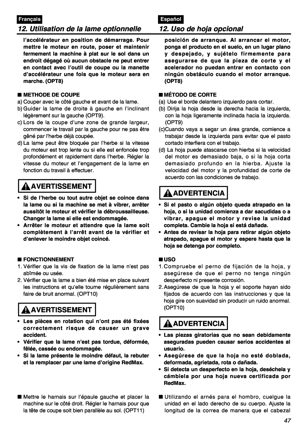 RedMax BCZ2401S-CA Utilisation de la lame optionnelle, Uso de hoja opcional, Avertissement, Advertencia, Français, Español 