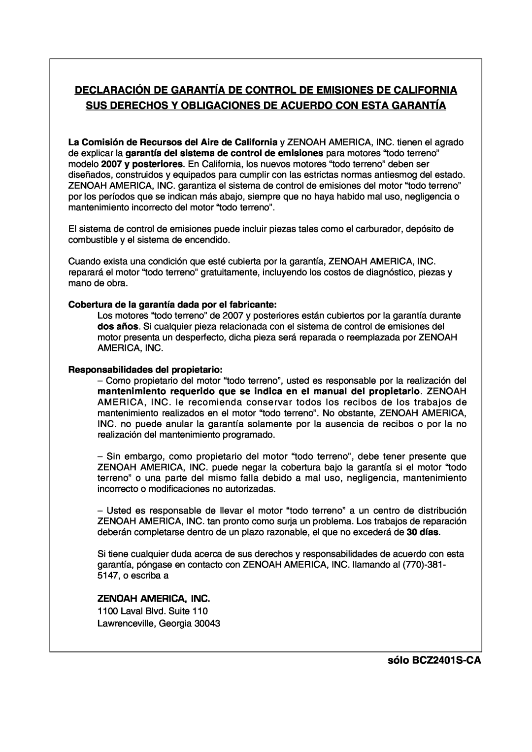 RedMax manual Declaración De Garantía De Control De Emisiones De California, sólo BCZ2401S-CA 