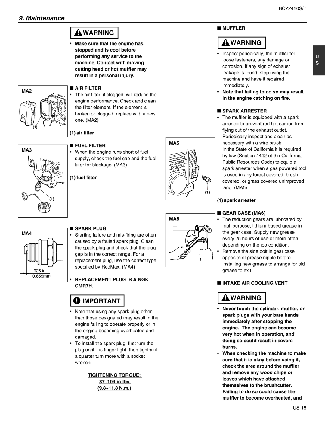 RedMax BCZ2450S MA2 AIR Filter, Muffler, Spark Arrester, MA3, MA4, Fuel Filter, Spark Plug, Replacement Plug is a NGK, MA5 