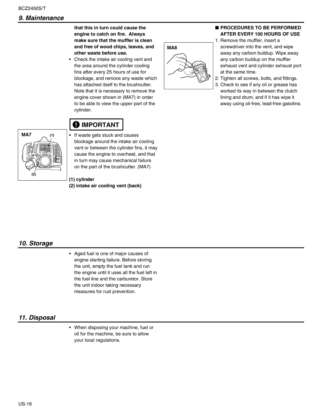 RedMax BCZ2450T, BCZ2450S manual Storage, Disposal, MA8 Procedures to be Performed After Every 100 Hours of USE, MA7 