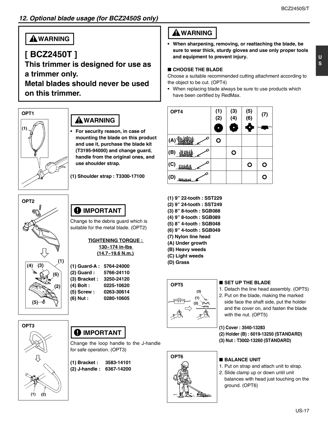 RedMax BCZ2450T manual Optional blade usage for BCZ2450S only 